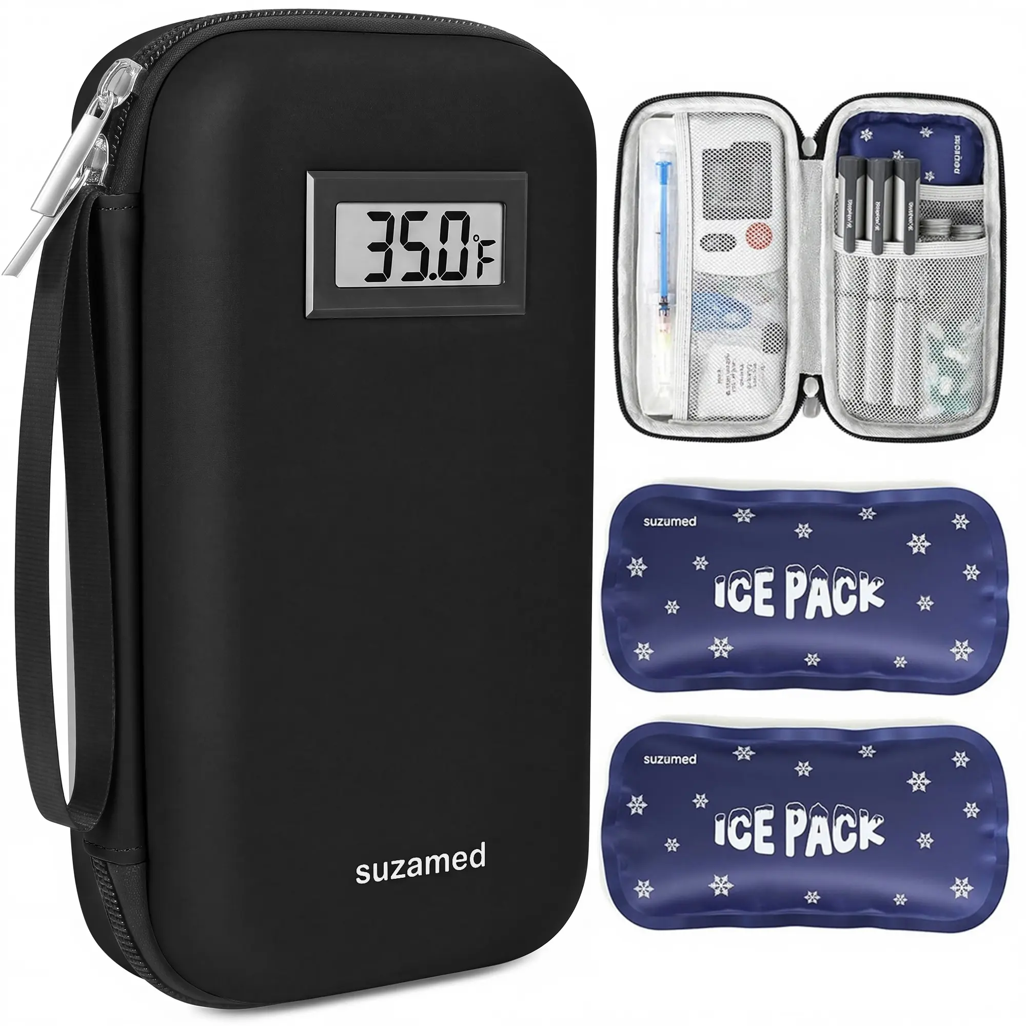 SUZAMED Portable Insulin Cooler Bag - EVA Double-Layer Insulated Aluminum Foil Cooler Bag with Built-in Temp Display, Carry Handle, Durable Compartments, 2 Ice Packs for 5 Insulin Pens, Test Strips, Daily Diabetic Supplies, Camping, Cooler Bags, Insulated