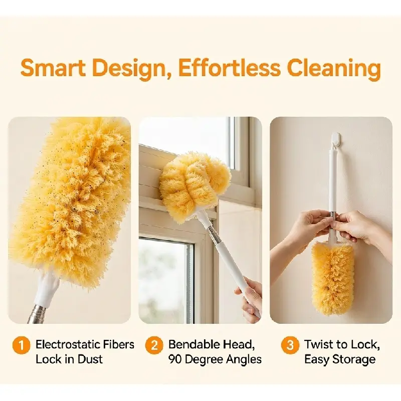 Microfiber Duster with Extension Pole, Telescopic Bendable Dusting Brush for Ceiling Fan, Blinds, Shelves & Car, Washable Fluffy Duster Head with Refills, Scratch-Free Home Cleaning Tool