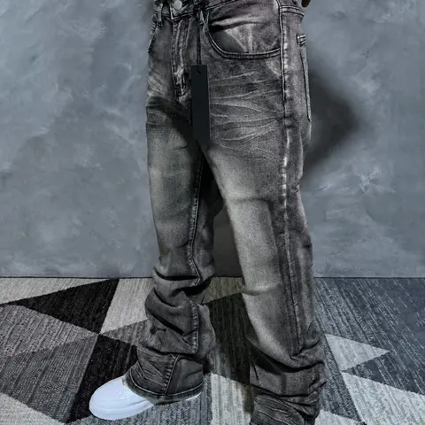 Washed Micro‑Flare Denim Jeans Loose Fit Streetwear Jeans, All‑Seasons Casual Denim for Daily Commute Pocket