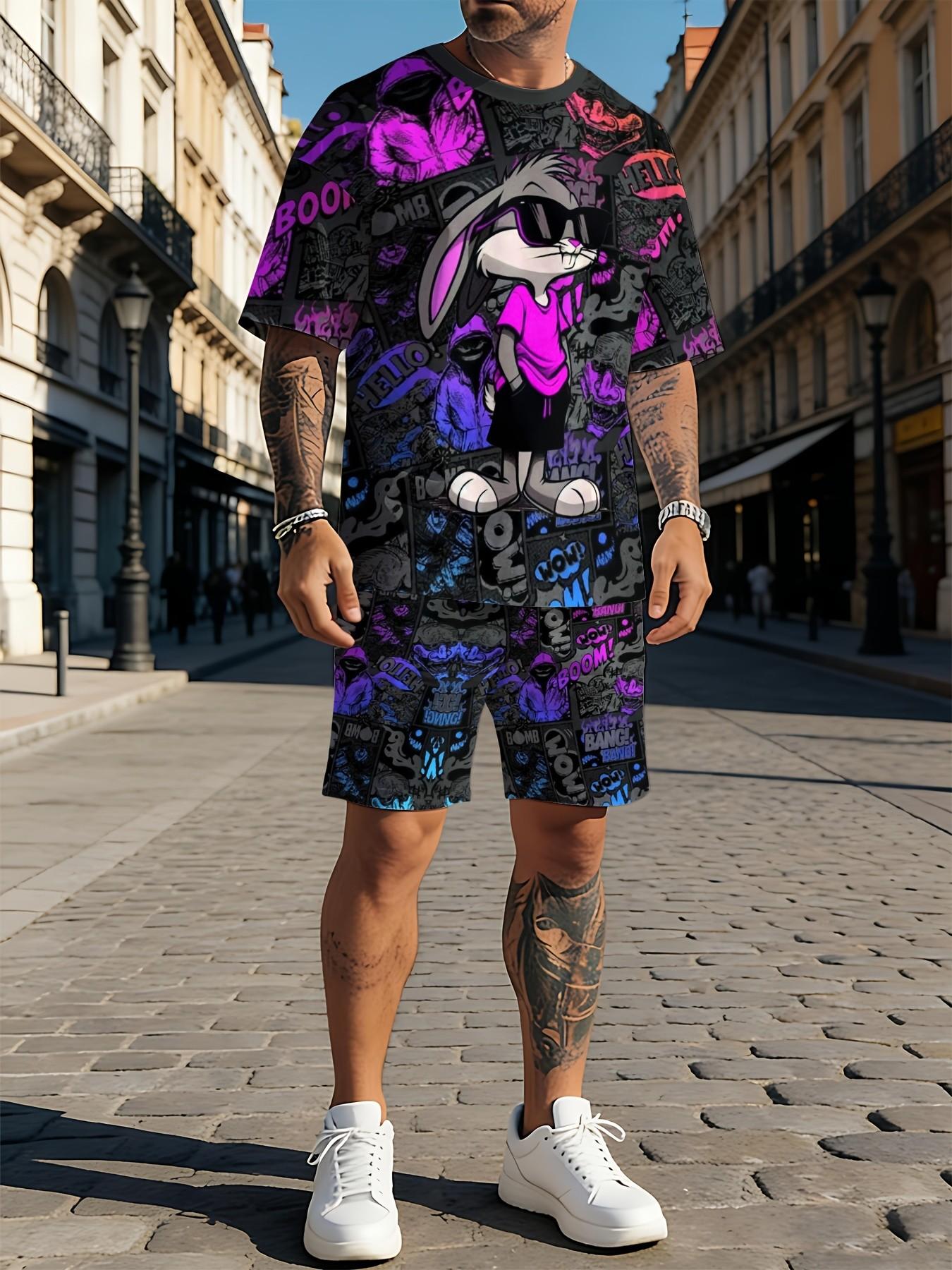 Summer Men's Outdoor Quick-Dry Short Sleeve T-Shirt and Shorts Set, Retro Cartoon Rabbit Print, Casual Street Fashion, Ideal for Daily Wear, Fitness, Running