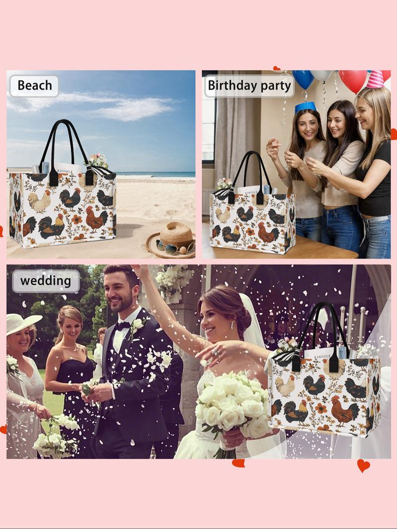 Large Capacity Rooster Print Storage Bag, Durable Handle, Space Saving Multi-Purpose, Ideal for School, Travel, Shopping, Reusable Grocery Bags