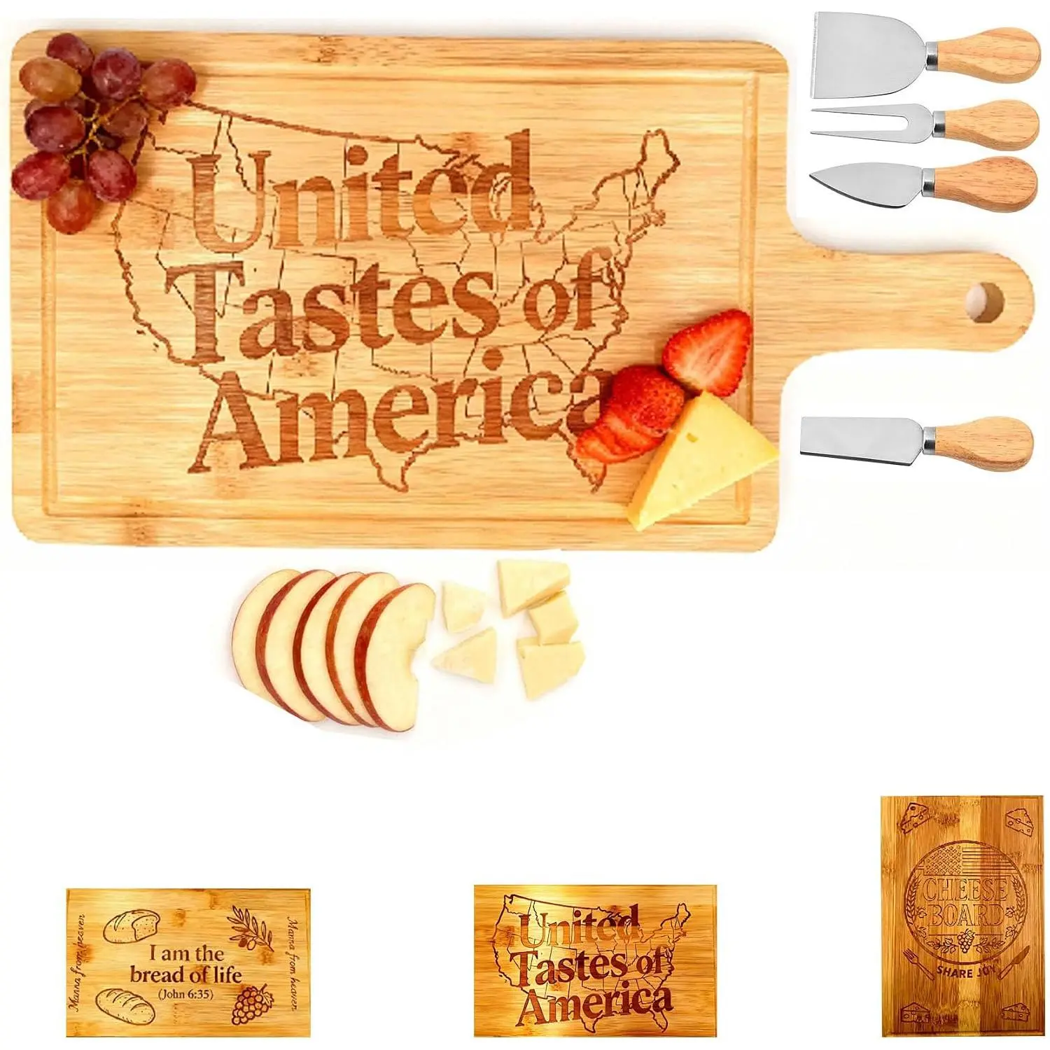 Cheese Board and  Set   board Charcuterie Serving Platter with Juice  & Handle “United Tastes of "as  for Hostess,Housewarming,BBQ,Wedding,Birthday,Anniversary