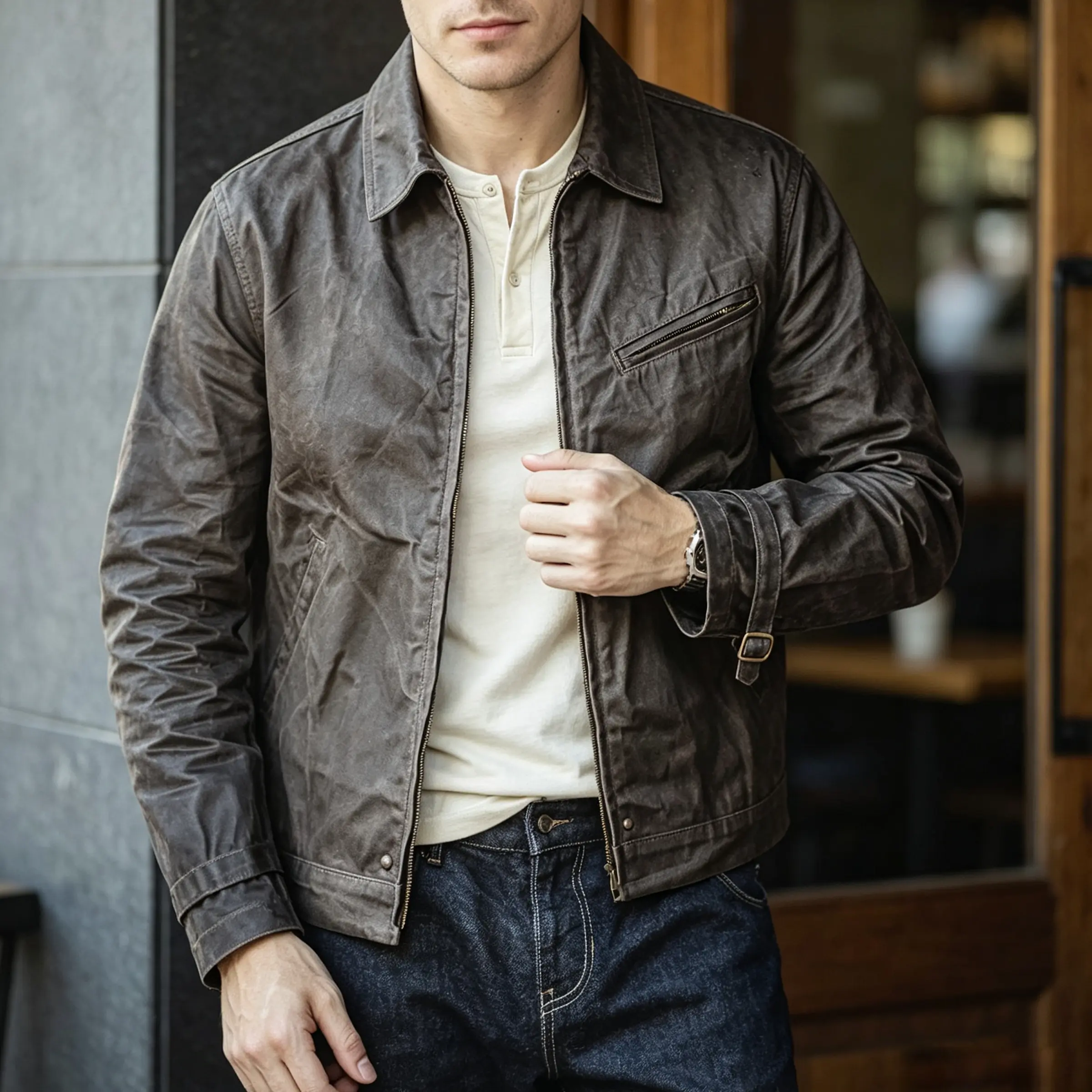 Men's Amekaji Vintage Waxed Canvas Jacket - Rugged Short Workwear Coat, Retro Casual Longsleeve Pull-On Waterproof Zip-Up Autumn Outerwear (Menswear Tops), Longsleeves