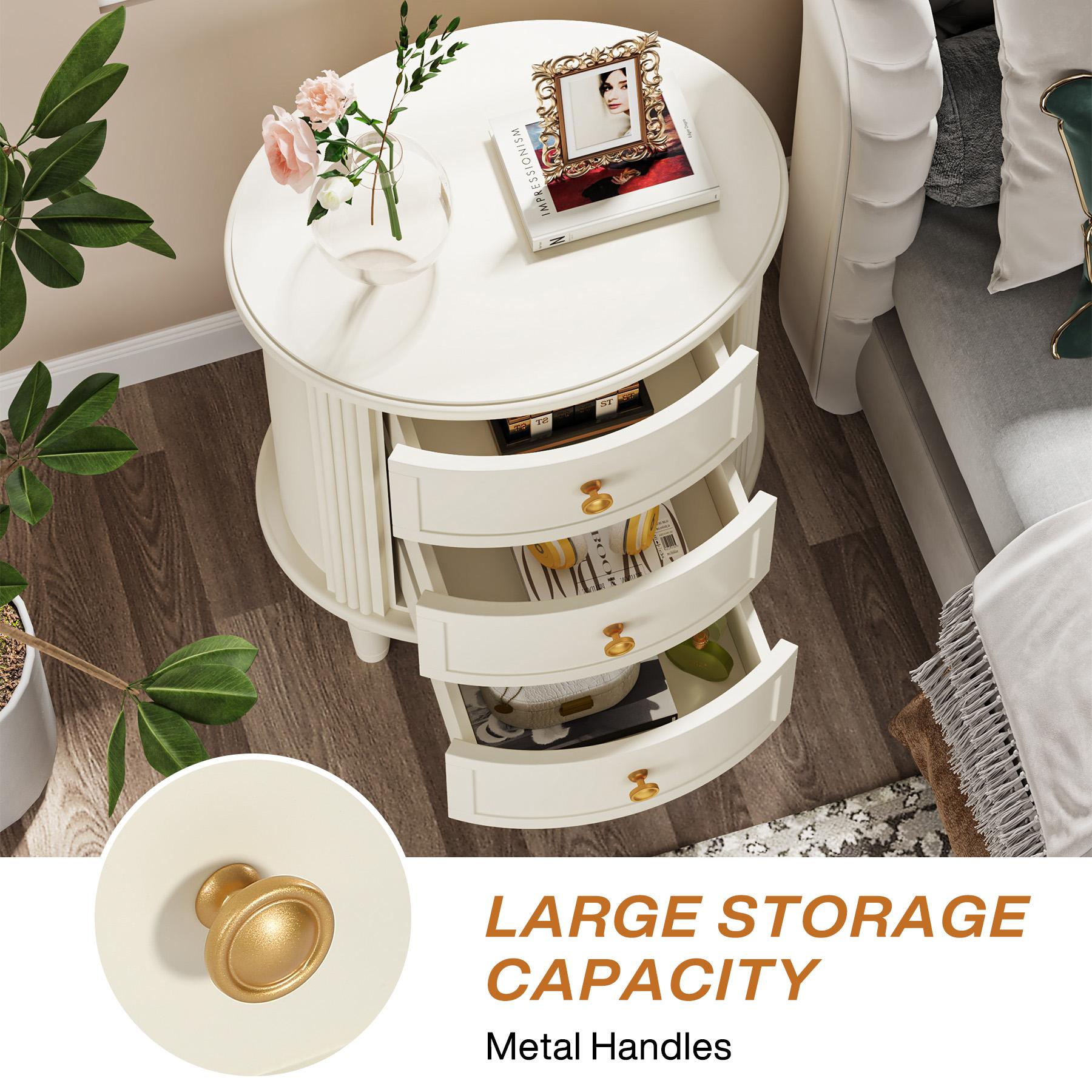 LITTLE TREE Nightstand with 3 Drawers, Oval Bed Side Table for Bedroom, Fully Assembled, Farmhouse Night Stand with Storage, Wooden Side End Table with Solid Wood Legs for Living Room