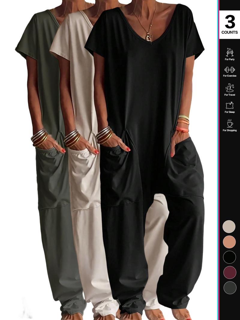 Women's Casual Jumpsuit, Short Sleeve V-Neck Design, Loose Fit Wide-Leg Romper, All Season Wear, Plain Pattern, with Pockets