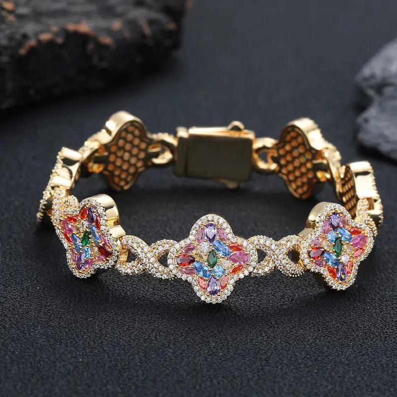 Women's 4-Leaf Clover Star Bracelet - Copper Base, Full-Paved Shiny Stones, Multi-Color Choices, Multi-Size, Fresh Sweet Style Costume Jewelry for Daily & Party Occasions