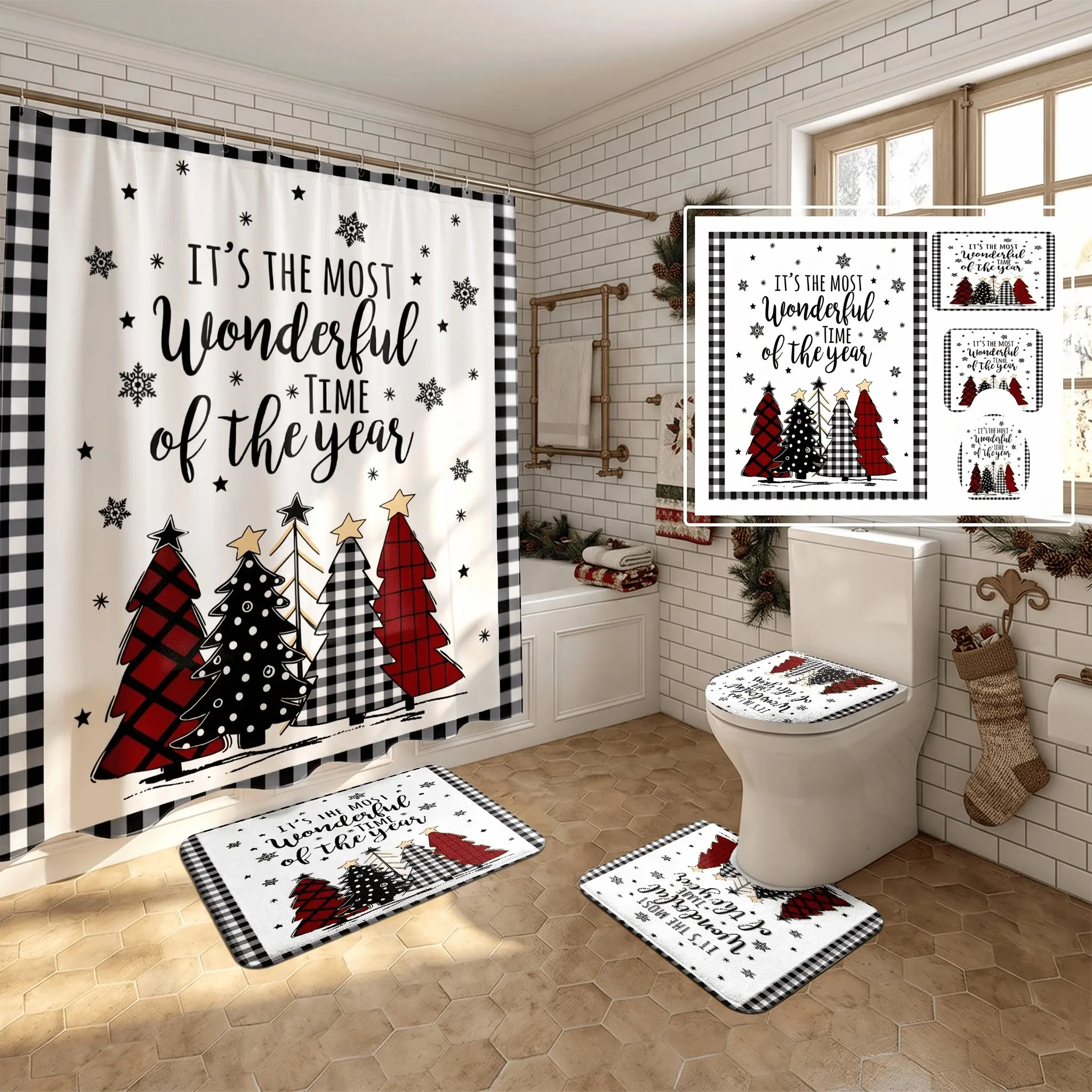4pcs Christmas bathroom sets with shower curtain and rugs, The floor mat fabric is thicker and softer! buffalo check and floral pattern, holiday decor