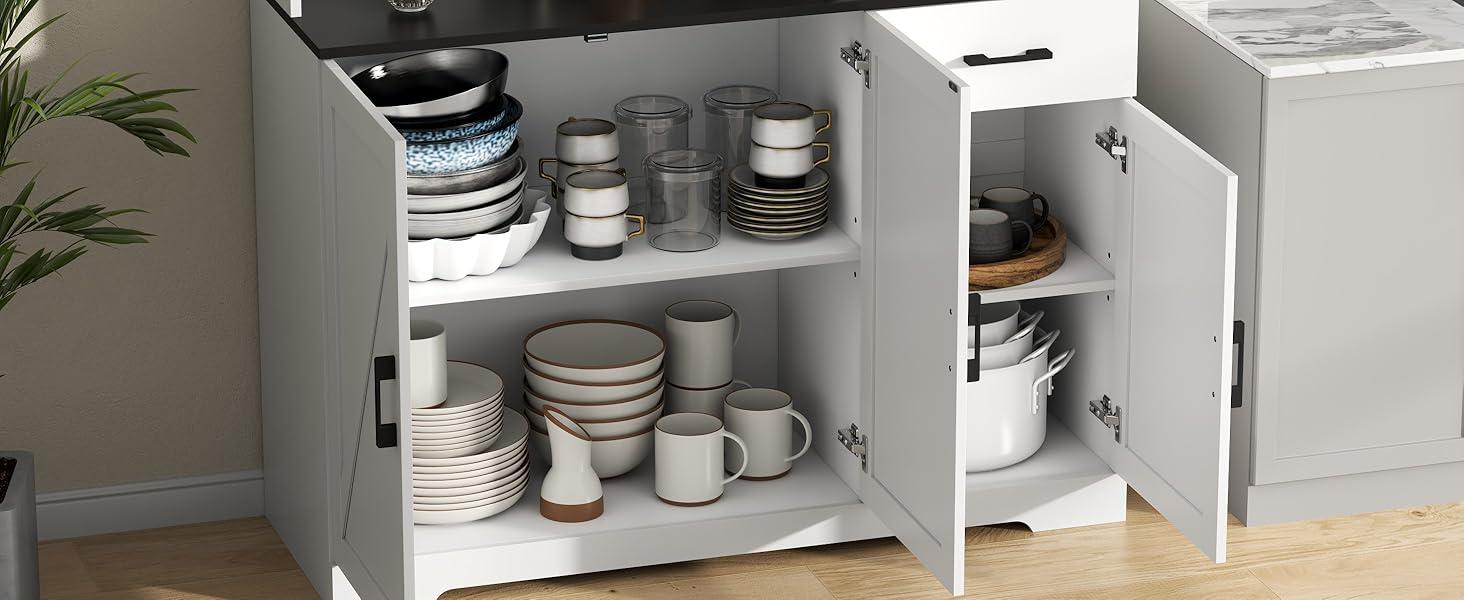 Farmhouse Kitchen Pantry Cabinet 71" Tall with 4 Adjustable Shelves, 6 Doors, Power Outlet, Freestanding Design for Kitchen Storage Cupboard