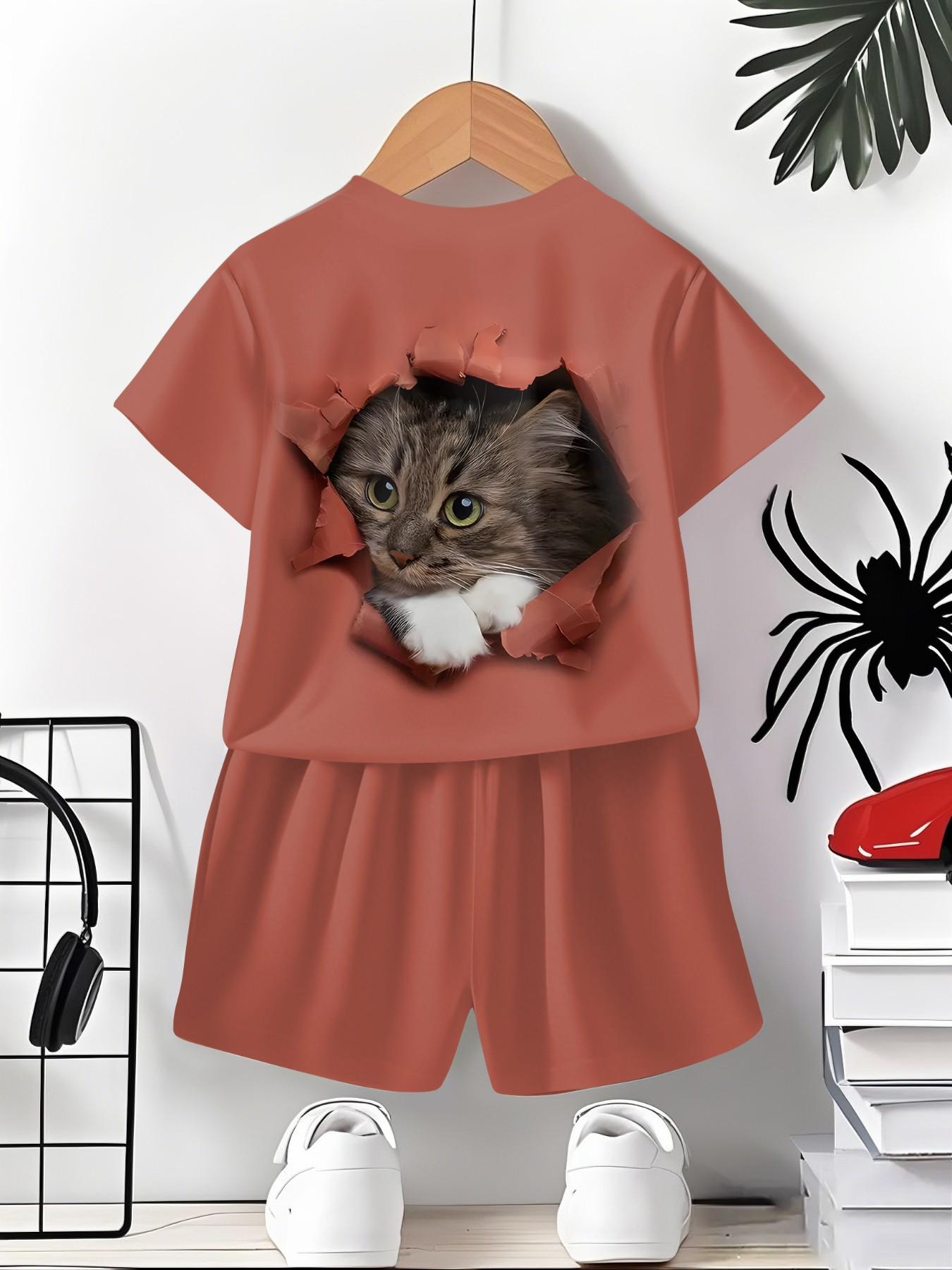Brick red ripped 3D cat style two-piece short-sleeve shorts set, 100% polyester casual loose fit set, summer fun printed pattern, outdoor sports T-shirt set, perfect gift for boys