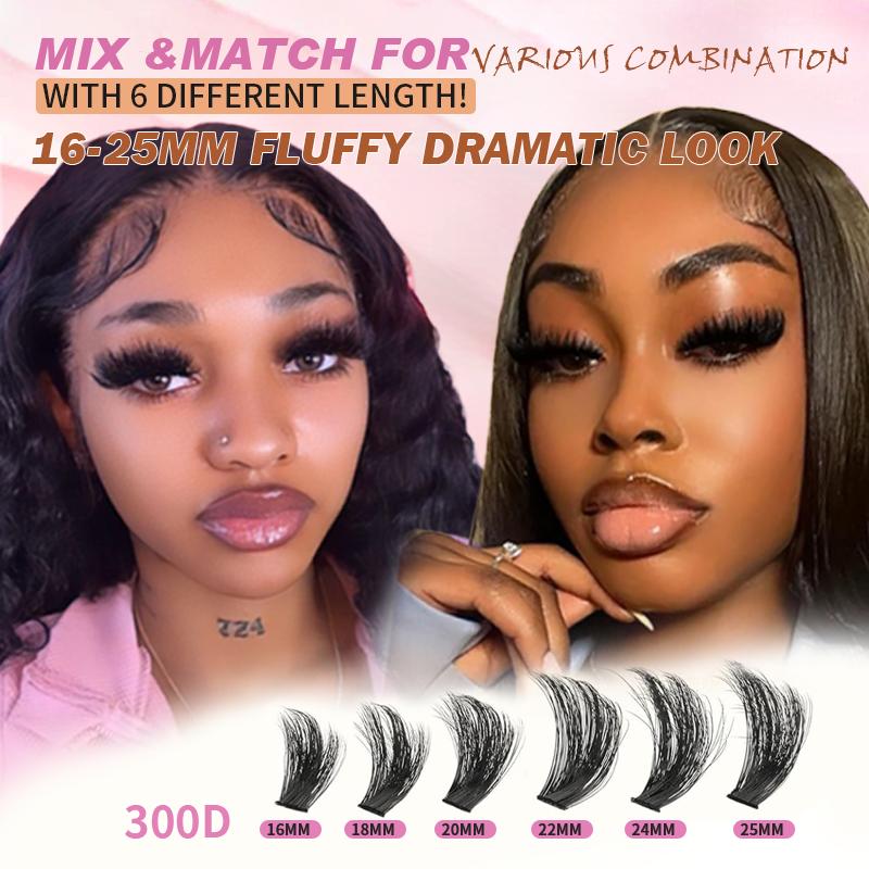 16-25mm Fluffy Lash Clusters 300D High-Density Soft D-Curl Individual Mega Volume Lashes for Beginners Makeup Lightweight Plant Fiber Easy Application