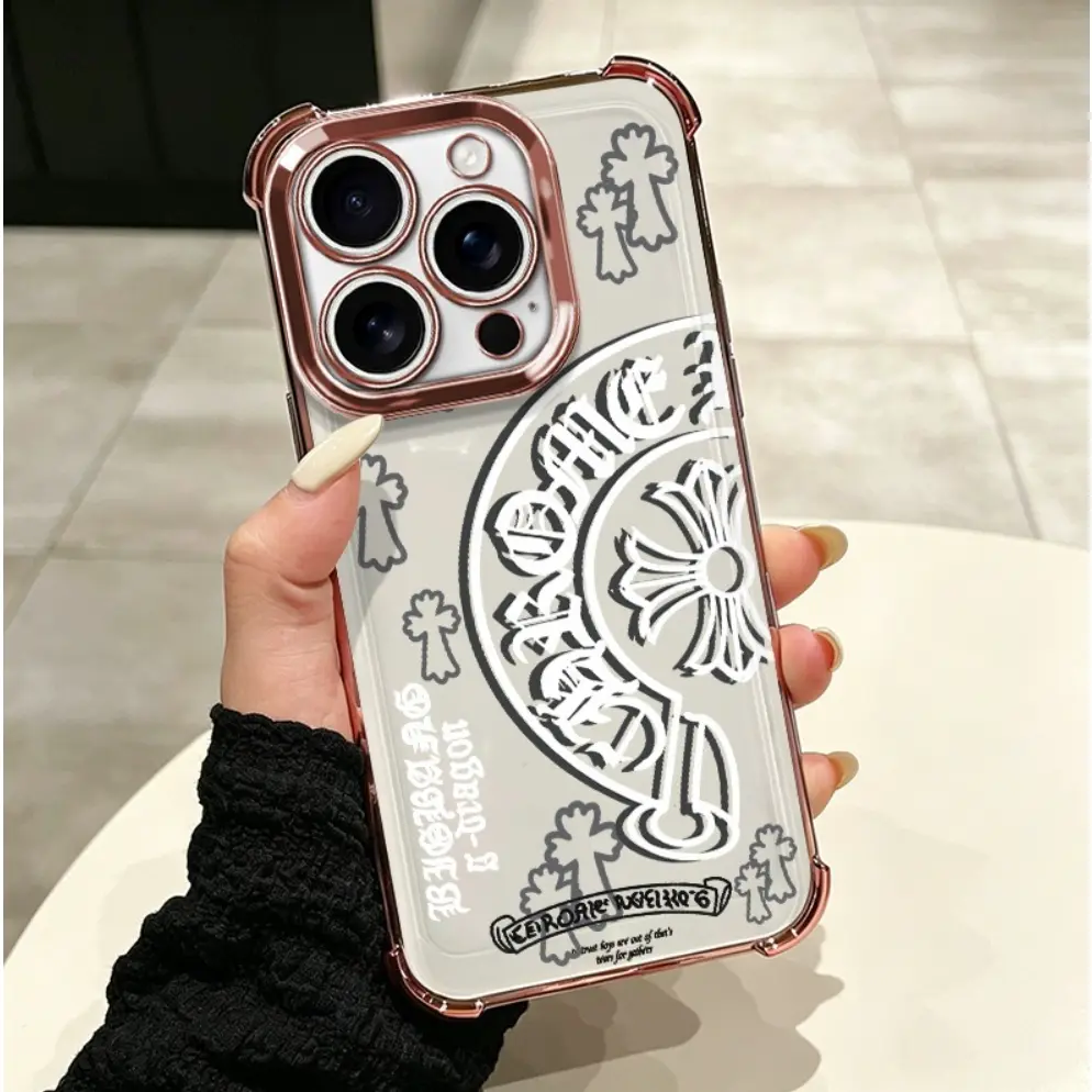 A colorful silver iPhone case featuring a Gothic cross design—with a luxurious metallic finish and raised edges that effectively protect the camera and screen, offering shock and impact resistance | Compatible with iPhone 18/17/16/15/14 Pro Max