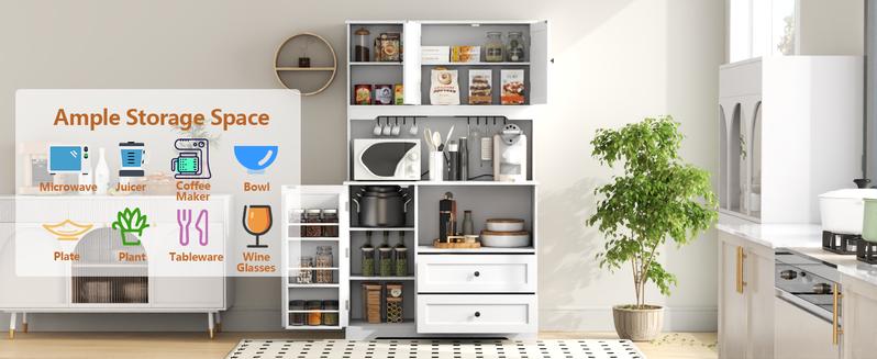 64" Tall Kitchen Pantry Storage Cabinet with Microwave Stand, Freestanding Kitchen Hutch Cabinet with Storage, Cupboard Cabinet for Kitchen, Living Room(White)