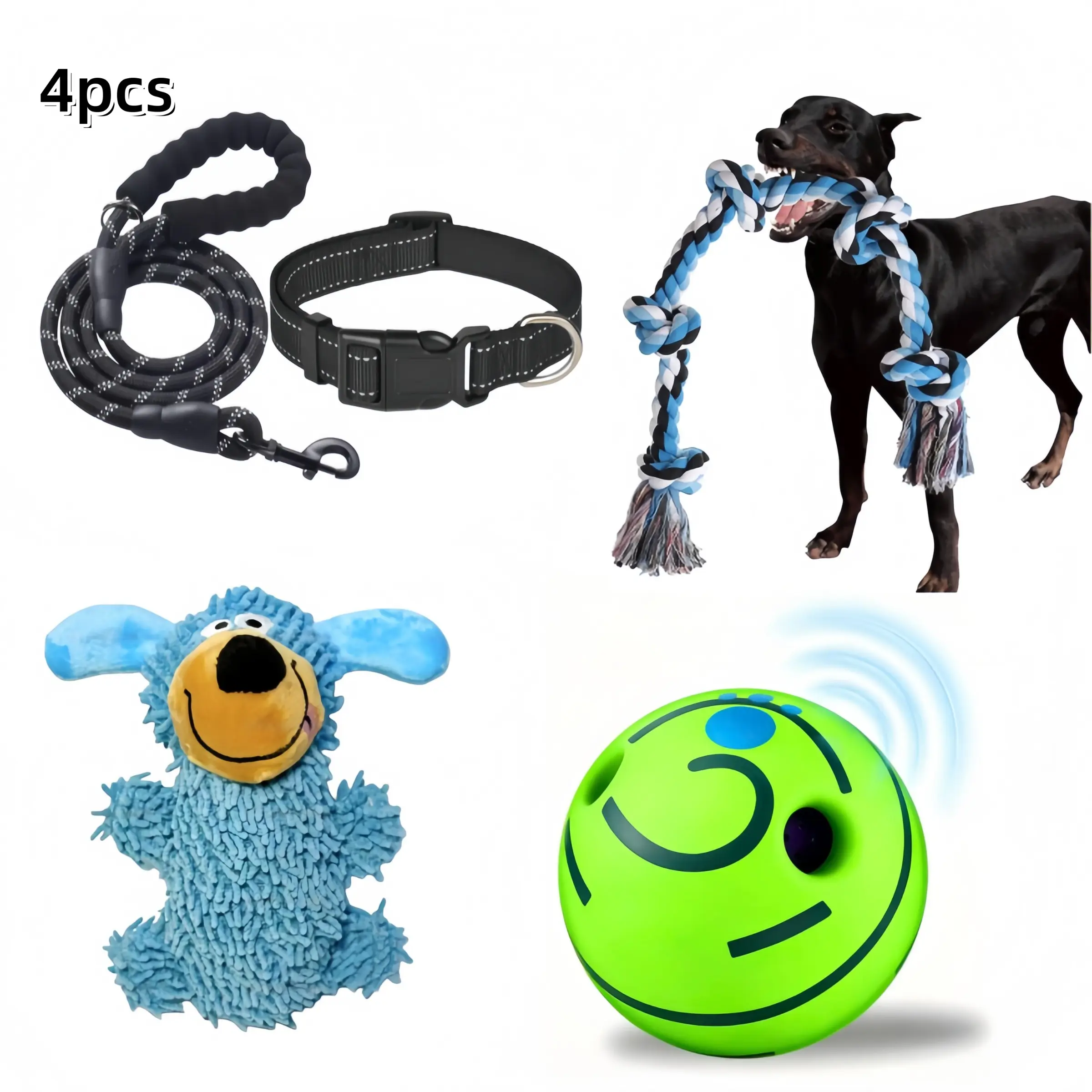4pcs Pet Play Set, Reflective Collar, Leash, Rope, Toy, Ball, Outdoor & Indoor, Durable, Fun, Reduces Anxiety, Medium Dogs，cat,cat stuff,dog stuff,puppy keep,cachorro feliz