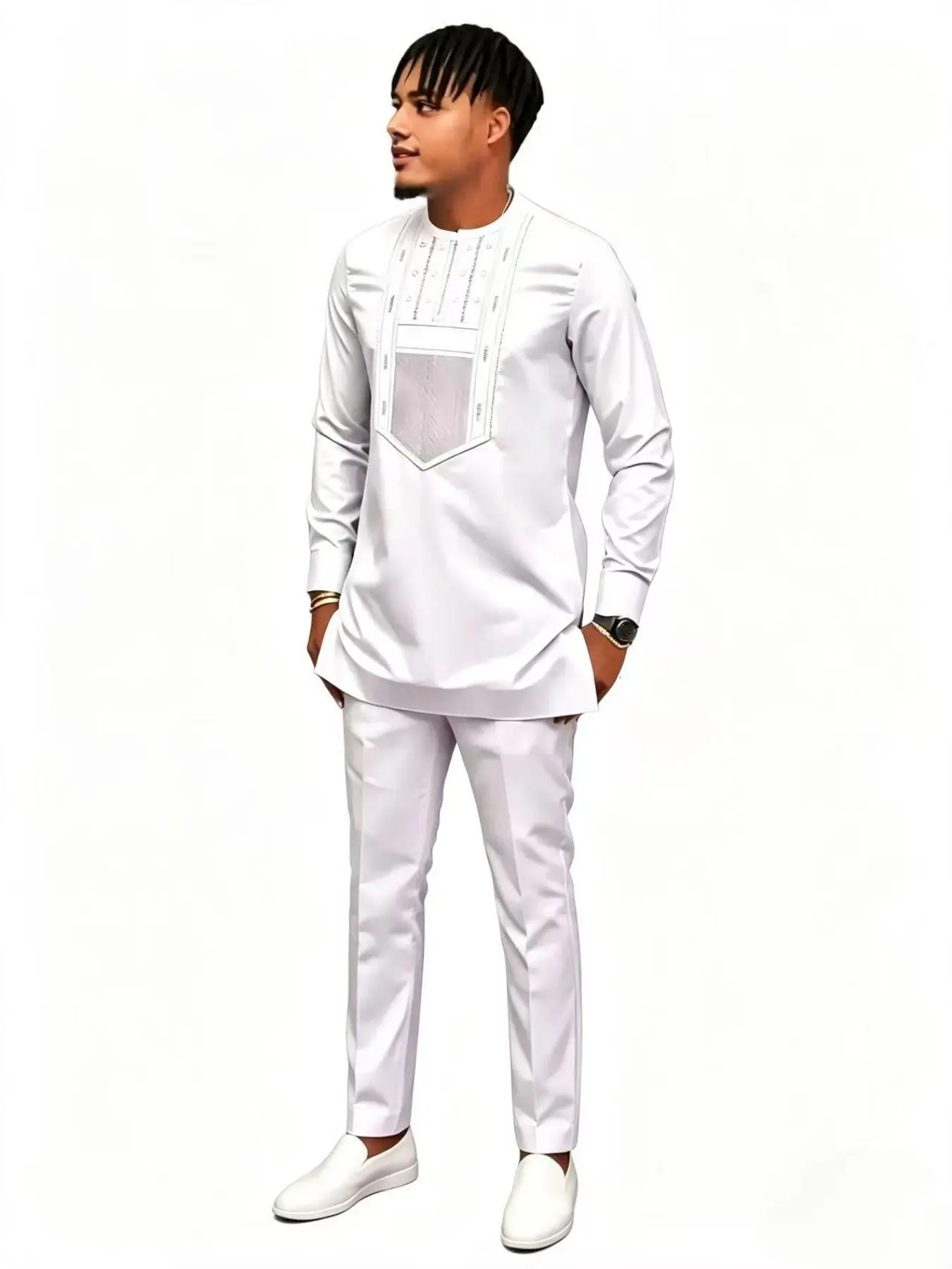 Men's Kaftan African Style Long Sleeve Embroidered Shirt and Casual Pants Set, Muslim Traditional Clothing for Formal Festivals and Weddings