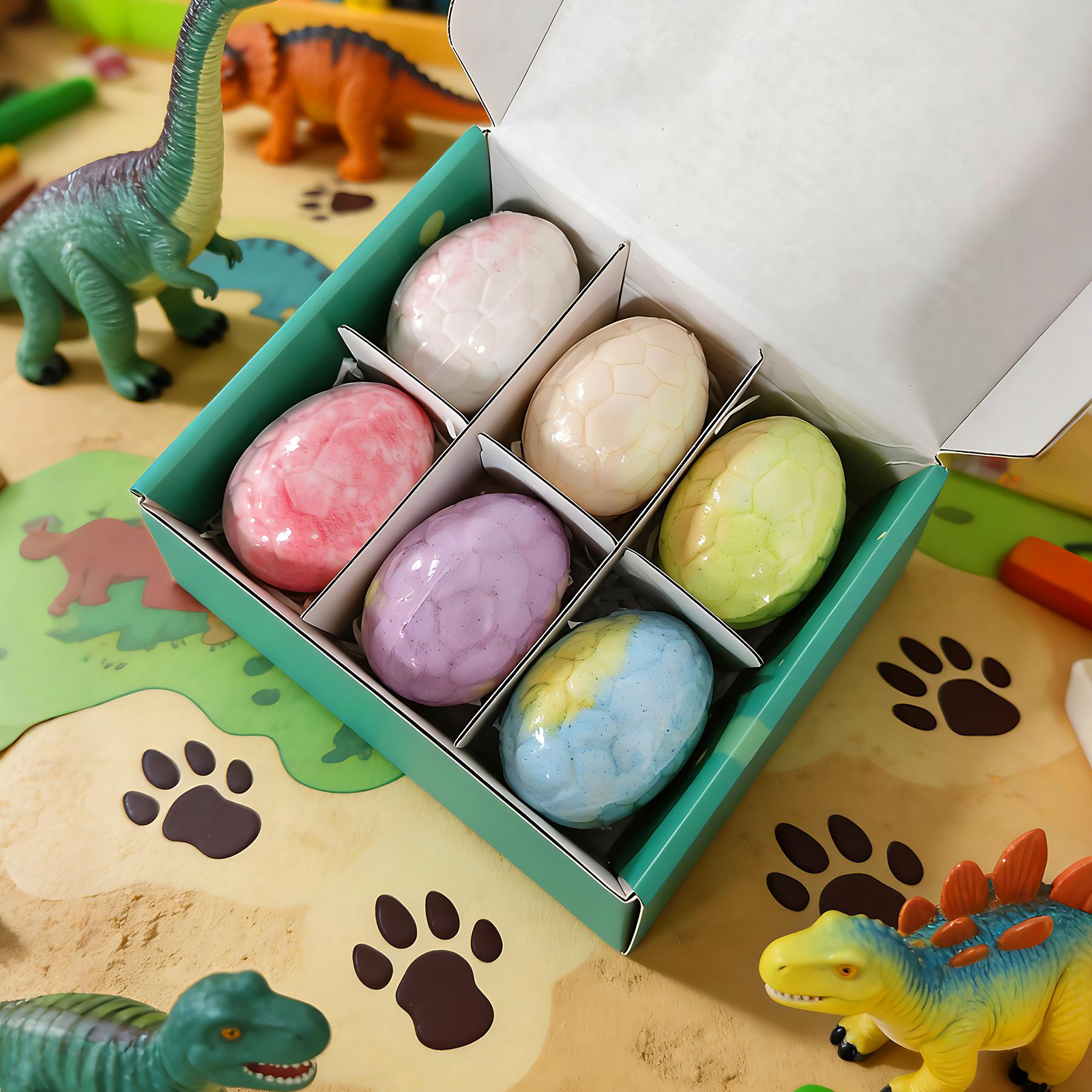 Dinosaur Egg Toy Bath Salt Balls Set, 6-Piece Natural Handmade Multicolor Bath Bombs with Surprise Toys, Gentle Soothing Bubble Bath Fun