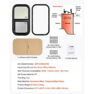 VEVOR Vertical RV Window, 12 Wx 22 H Tinted Sliding RV Window with Net Screen Trim Ring, Fit 15/16 - 1 3/4 Thickness Wall, RV Window Replacement for Teardrop Cargo Trailer Camper, DOT Approved