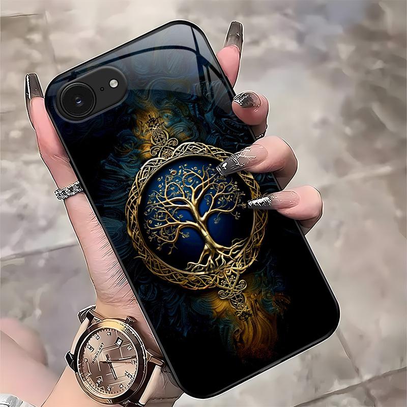 Suitable for [iPhone 16e] high-end phone case🤩， high-end patterns，blue and gold tree of life pattern new black phone，drop-resistant and fingerprint-proof YM99
