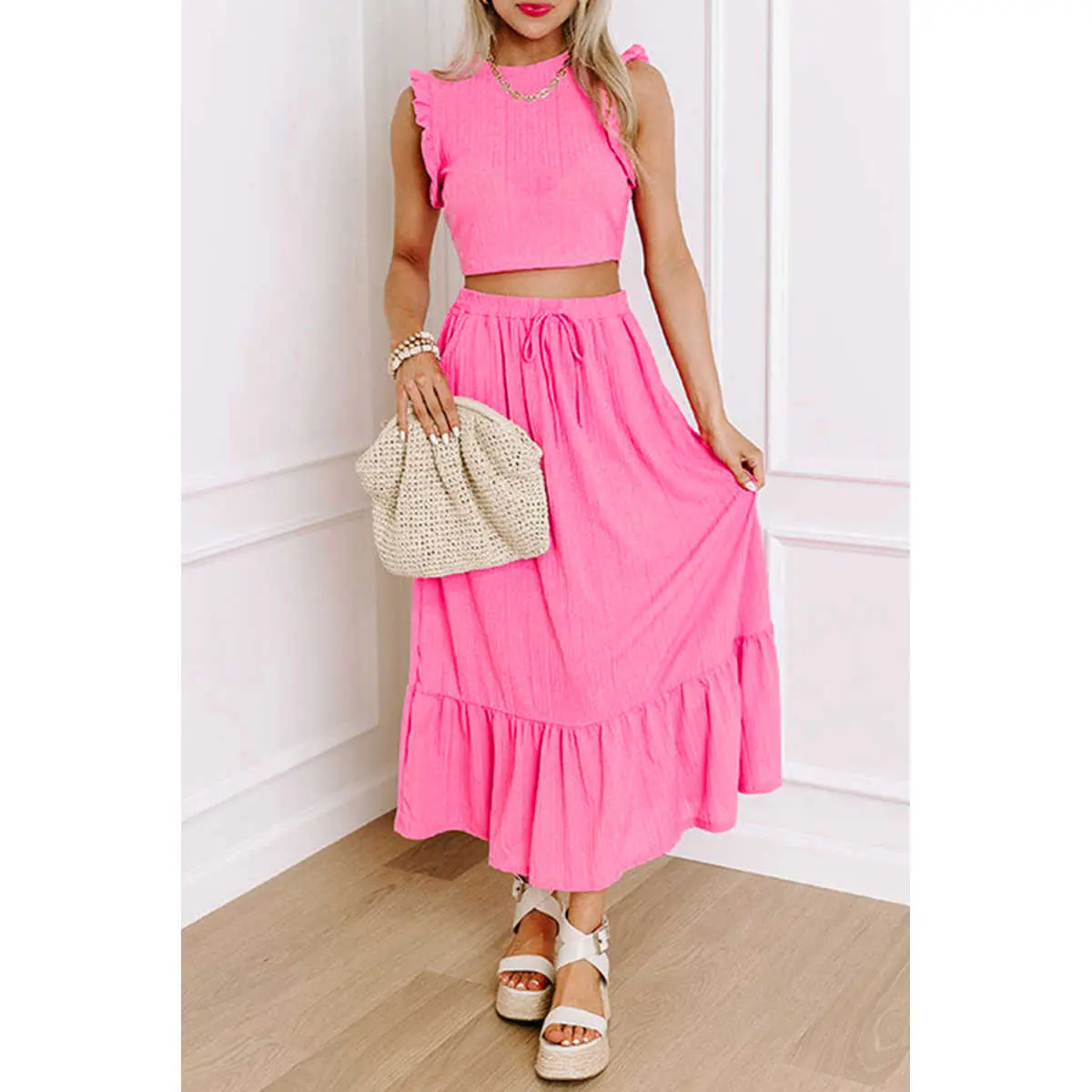 Bonbon Textured Ruffle Trim Crop Vest Lace-up Long Skirt Set