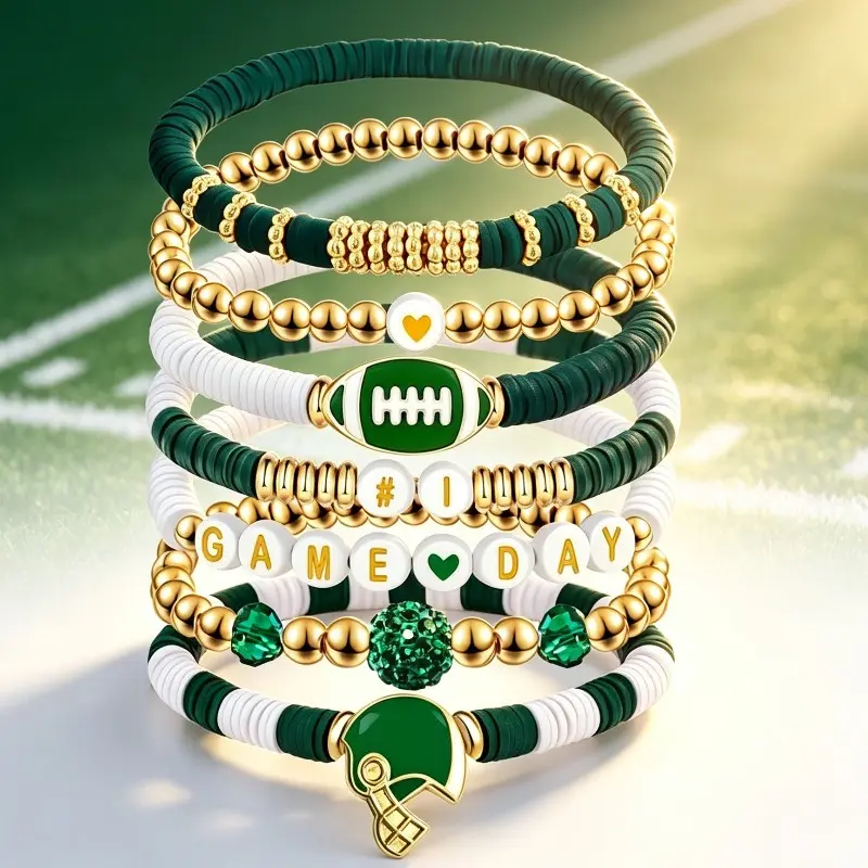 7Pcs Game Day Bracelet Football Charm Beaded Stretch Bracelet Sports Jewelry for Football Mom Dad Coach Fans Gifts