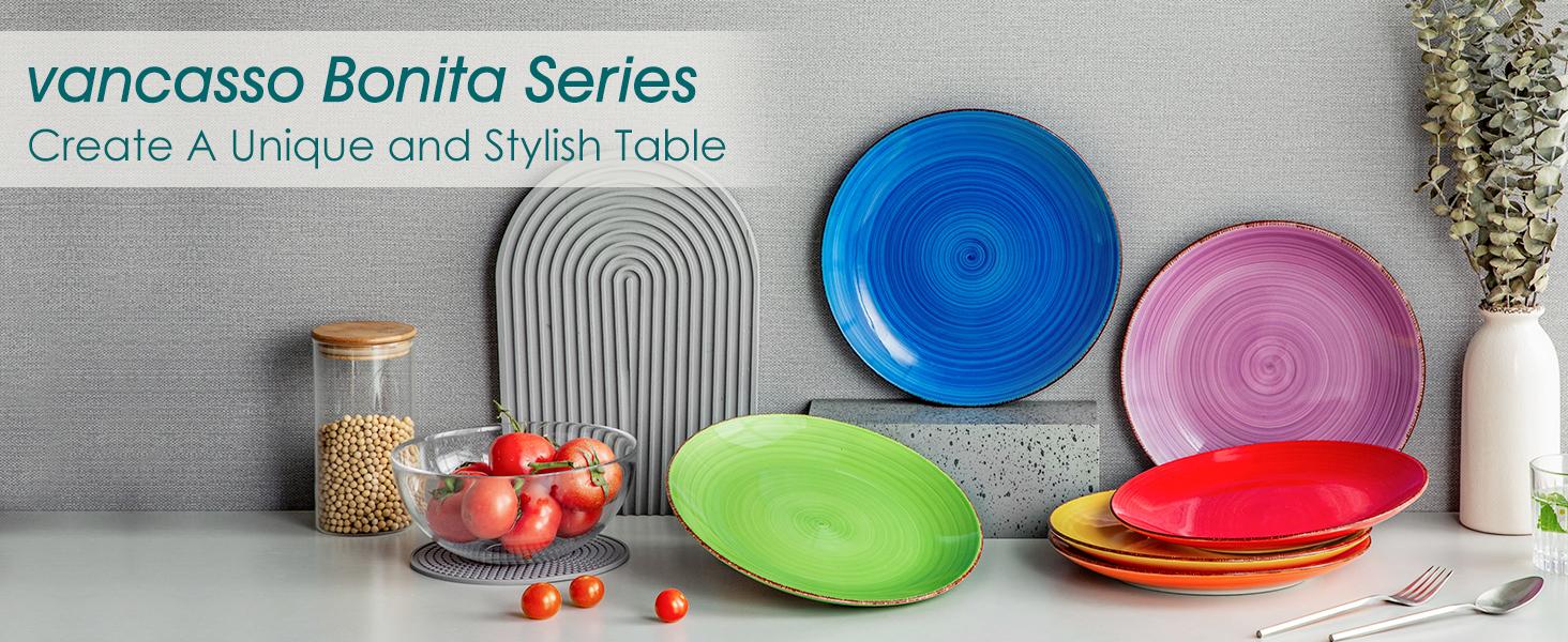 vancasso Stoneware Dinnerware Set Bonita Blue 18-Piece Service for 6, Handpainted Spirals Pattern Stoneware Combination Set with 10.6in Dinner Plate, 7.5in Dessert Plate and 21oz Soup Bowl