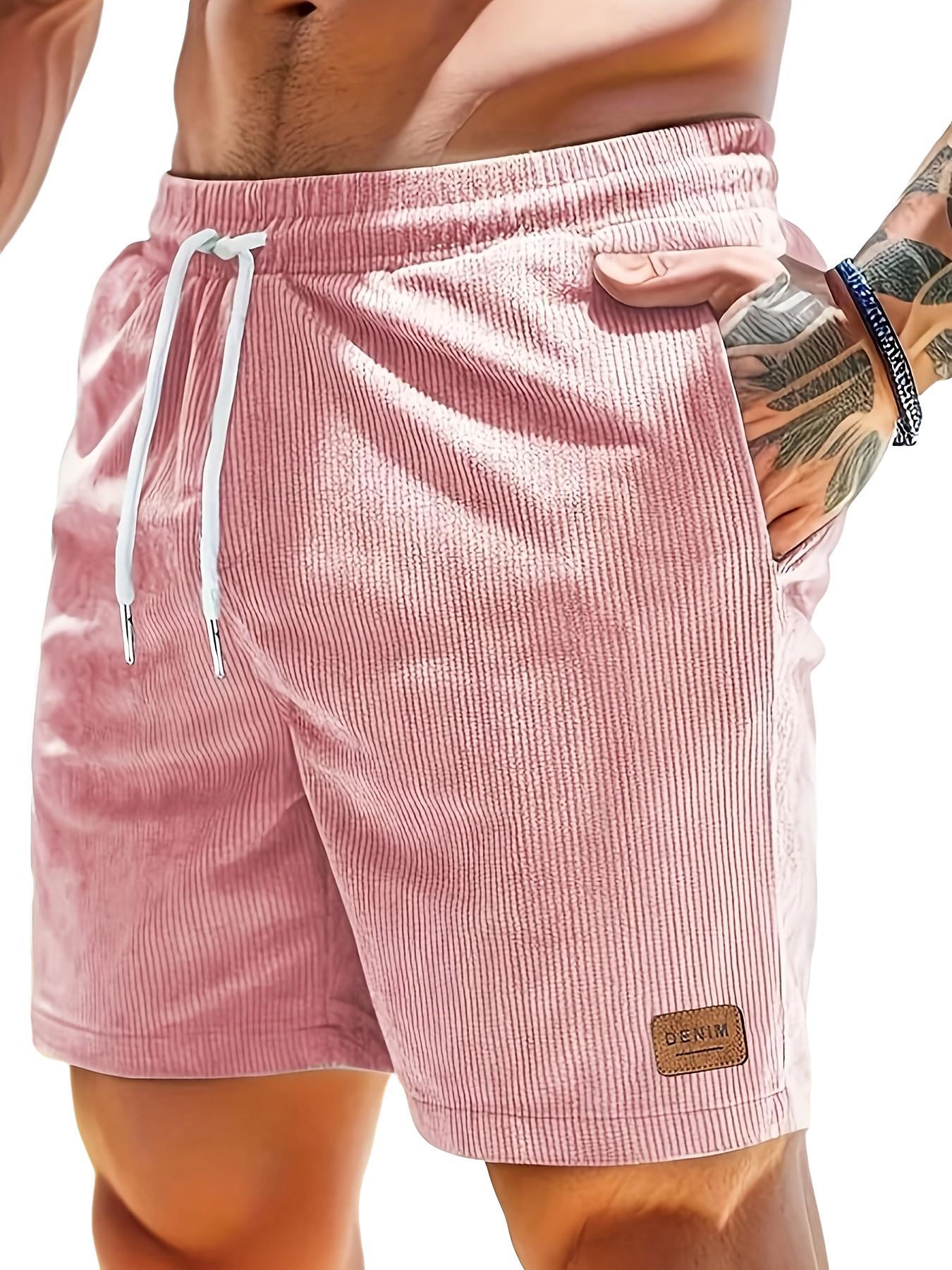 Men's Solid Color Vintage Corduroy Striped Shorts, Drawstring, Pocket, Letter Leather Label, Lightweight Comfortable Gym Shorts, Summer Fitness, Outdoor, Beach Vacation
