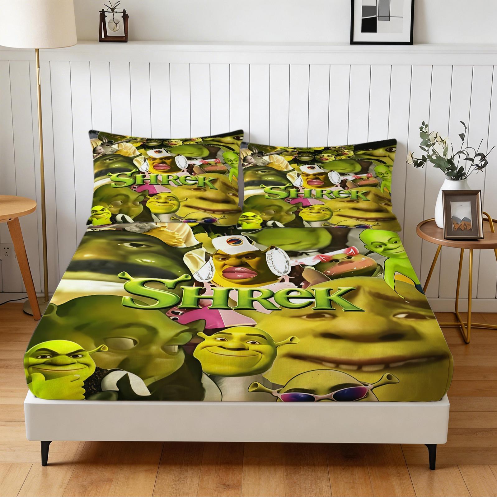 3-Piece Shrek Pattern Fitted Sheet Set, Soft And Durable Bedding Set Including 1 Flat Sheet And 2 Pillowcases, Daily Holiday Birthday Gift Bedroom Decorations For Kids And Adults