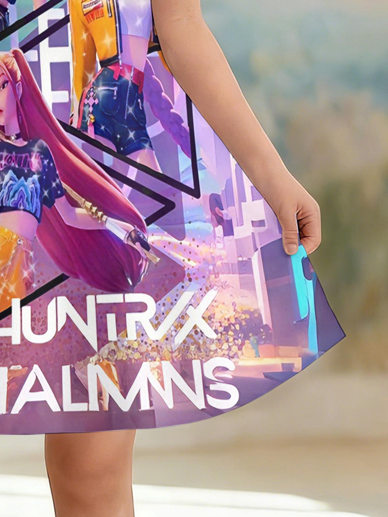 Girls' 3D Short Sleeve Dress, K-Pop Demon Hunters Neon Stage Print, Summer Party Wear, Perfect for Gifts and Birthdays