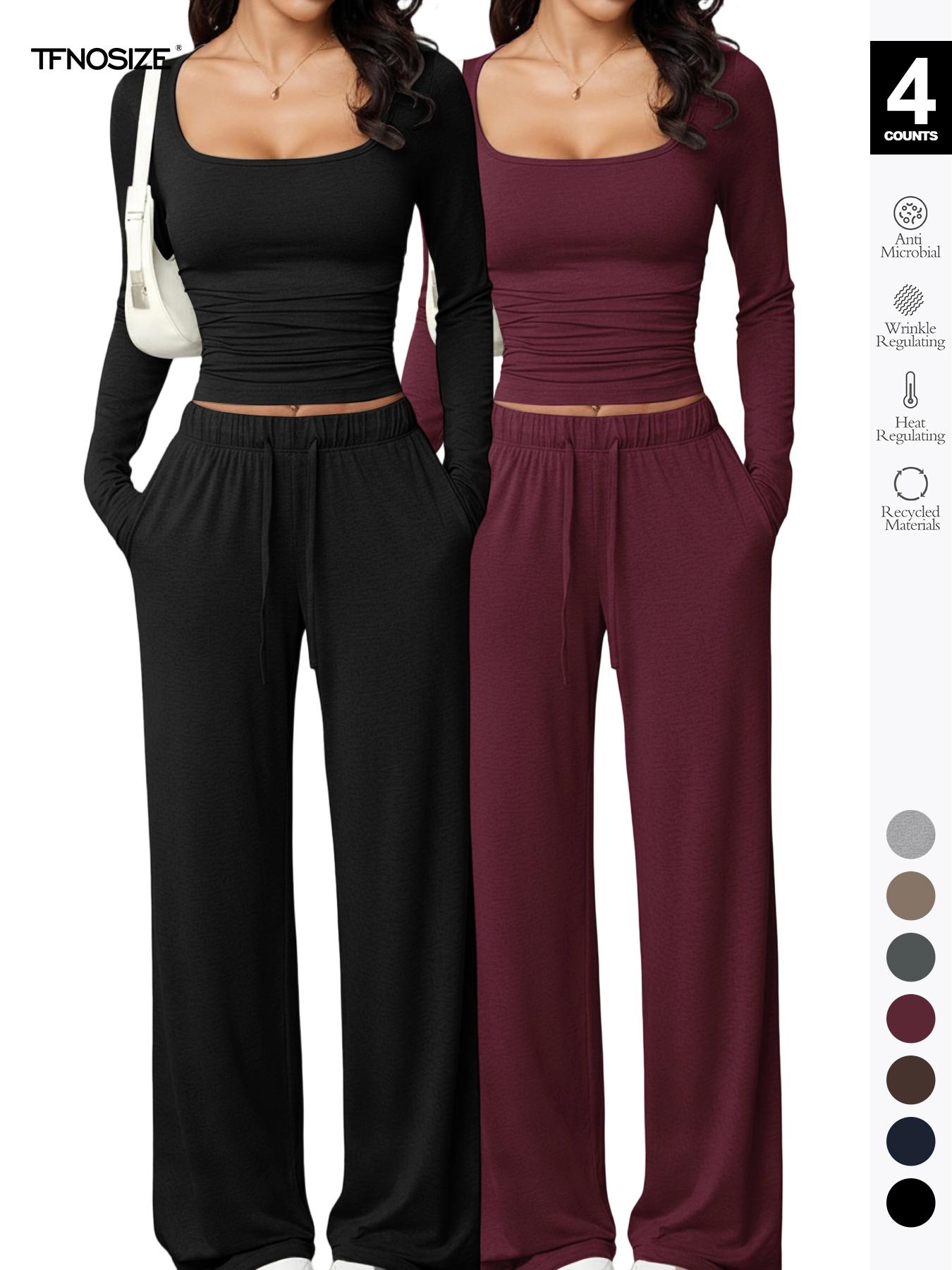 Women's Long Sleeve Square Neck Loungewear Set, Casual Loose Fit Home Wear, All Seasons Soft Comfortable Fabric, 2026 New Arrival