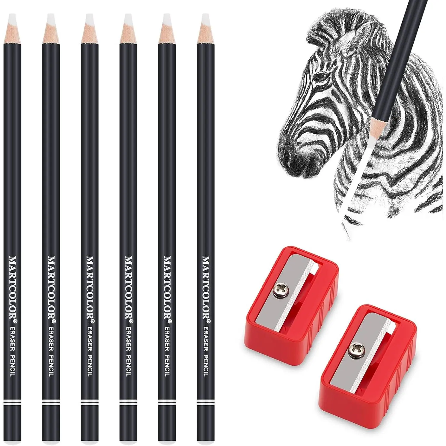 8 Pack Detail Eraser Pencils Set, Artist Eraser Pencils | 6 count Eraser Pencils and 2 count Sharpener, Fine Detail Eraser for Sketching, Charcoal Drawings & Colored Pencils