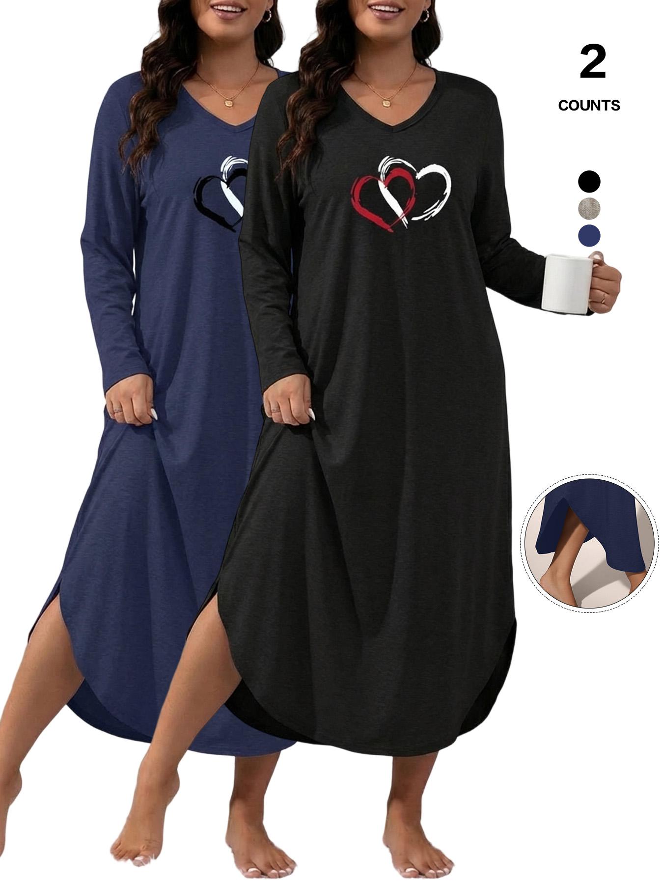 Women's V-Neck Long Sleeve Nightgown, Soft Casual Womenswear Loungewear Dress with Pockets, Heart Print Sleepwear, Loose-Fitting, All Seasons