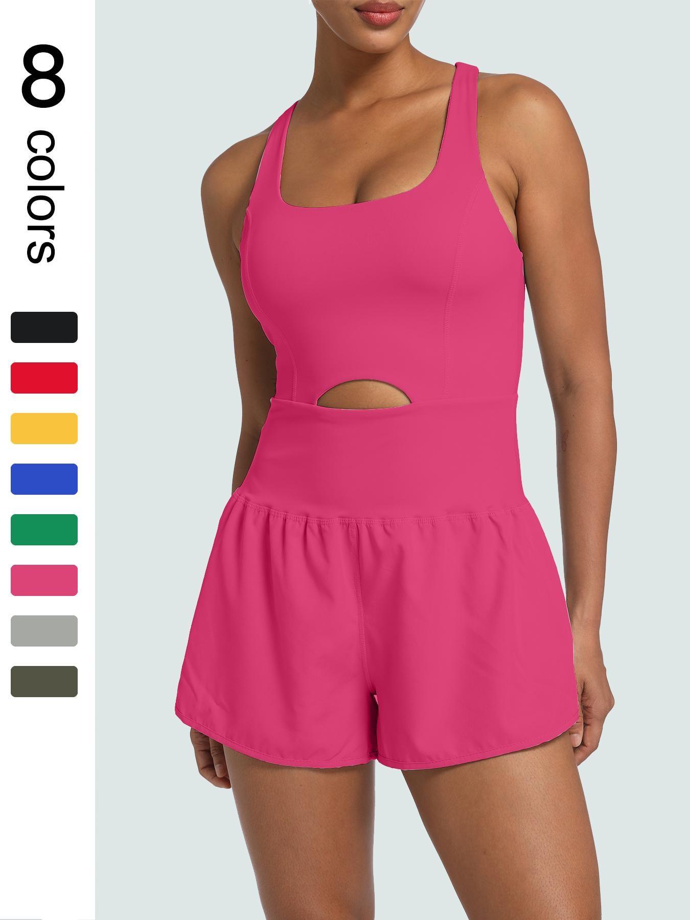 Women's Solid Color Cut Out Sports Romper, Sporty Romper, Casual Sleeveless Tank Romper, High Waisted Romper, Elastic Waist Romper, Workout Rompers, Exercise Rompers, Athletic Rompers for Yoga Gym Workout, Ladies Sportswear for All Seasons, Yoga Jumpsuits