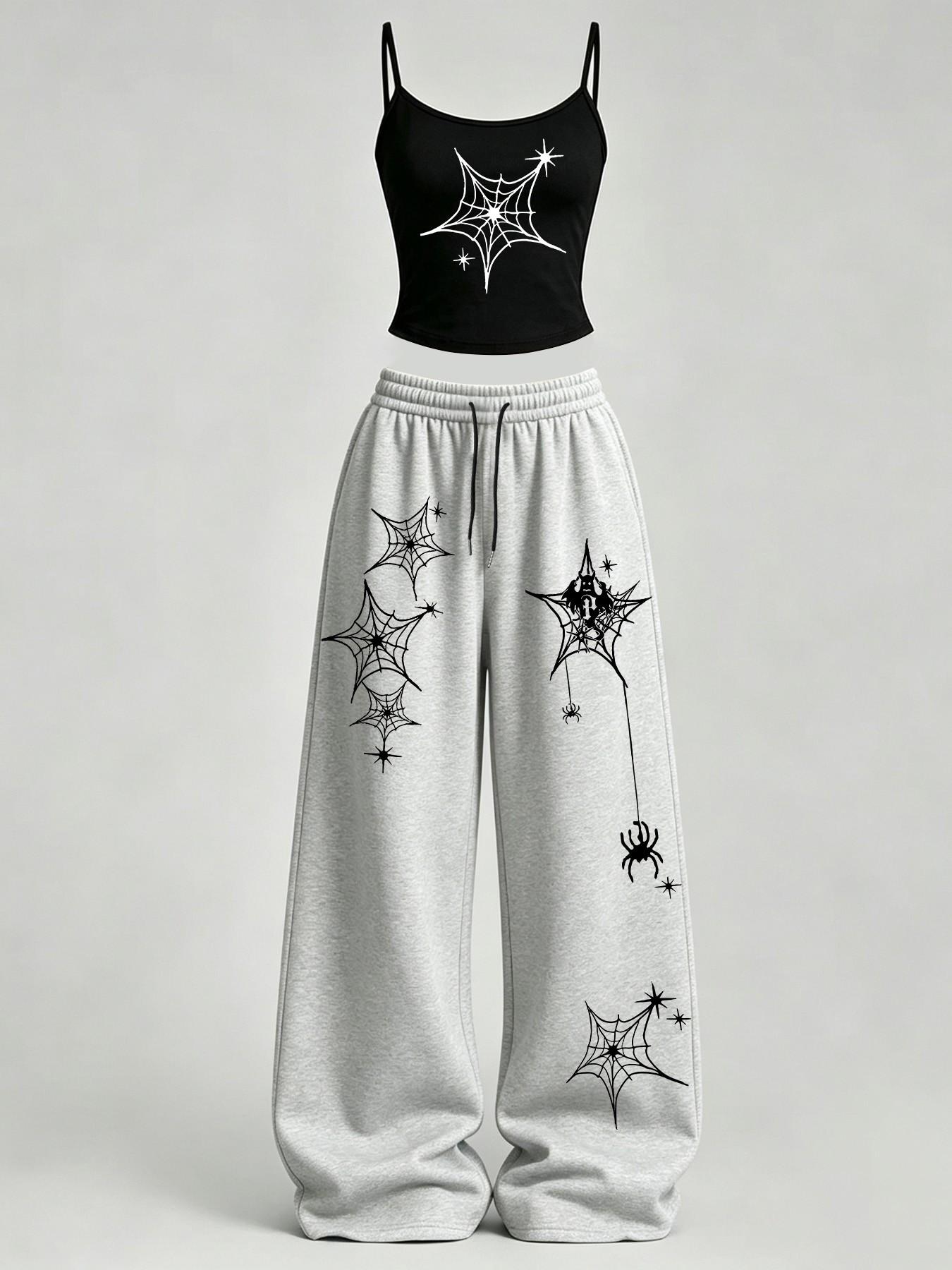 Women's Casual Spider Web Print Slim Fit Tank Top + Loose Baggy Pants Set, Y2K Street Style, Daily Wear, Home Leisure, Campus Fashion