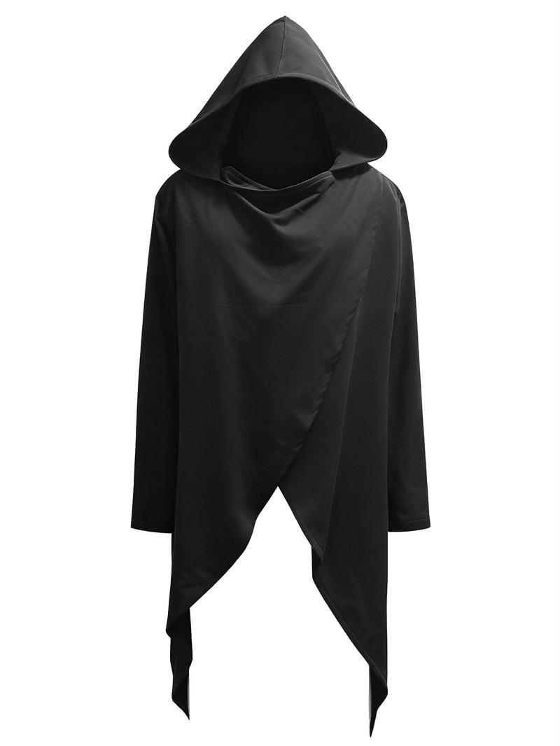 Men's Black Hooded Cyberpunk Maxi Coat – Asymmetric Design, Stylish Outerwear for Street Fashion & Cosplay