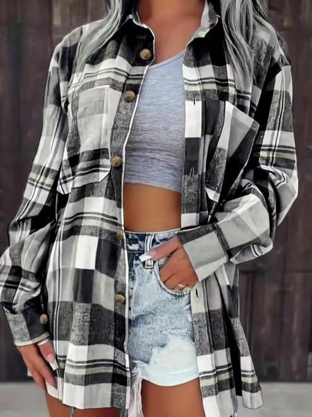 Color Block Plaid Collared Shirt Jacket, Wide Loose Casual Shirt for Everyday Wear, Versatile Layering Top for Women