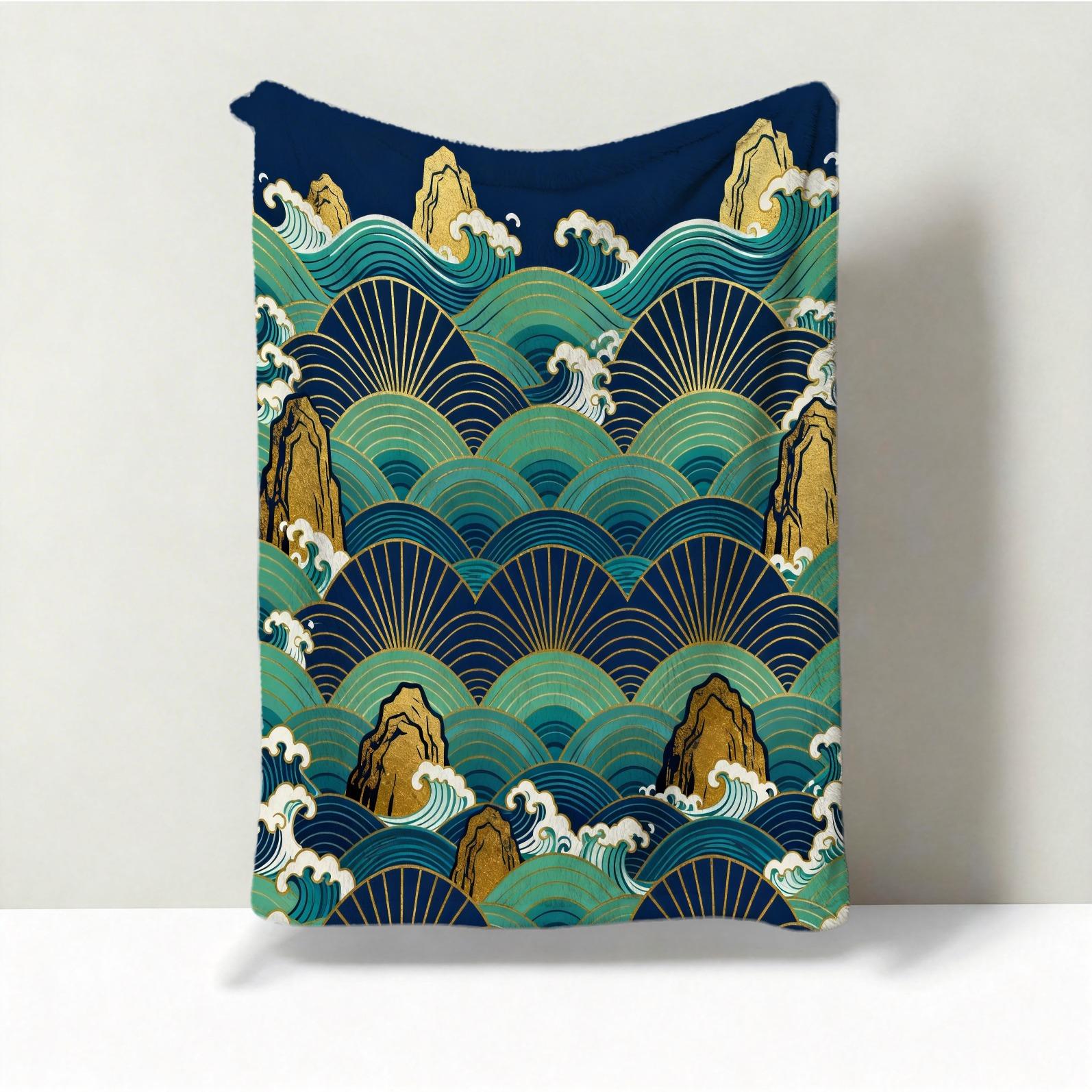 1 Piece Japanese Wave Sun Blanket, Navy Blue Gold Foil Great Wave HD Digital Single-Sided Print Flannel Throw Blanket, Super Soft Plush Warm Blanket for Couch Bed Travel, Multipurpose Cozy Gift Blanket