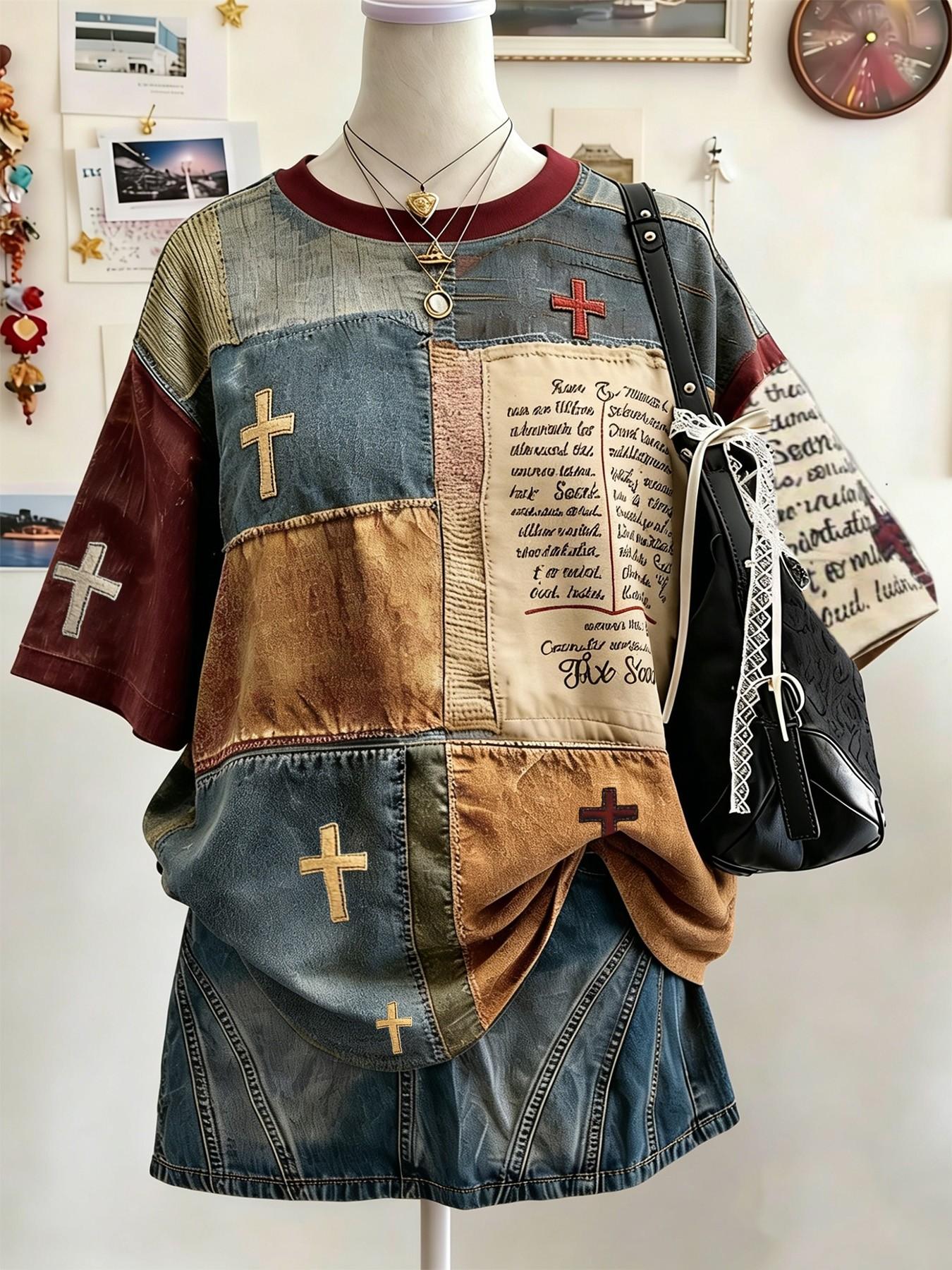 Vintage Patchwork Graphic T-Shirt, Bright Colors, Comfortable Jesus Cross Faith Pattern, Round Neck, Casual Daily Wear