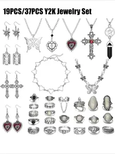 37Pcs/19Pcs Grunge Vintage Punk Necklace Jewelry Set Gothic Earrings Fairy Butterfly Boho Crystal Y2k Cross Pendent Butterfly Heart Choker Goth Stackable Knuckle Rings Adjustable Y2k Accessories for Women Men