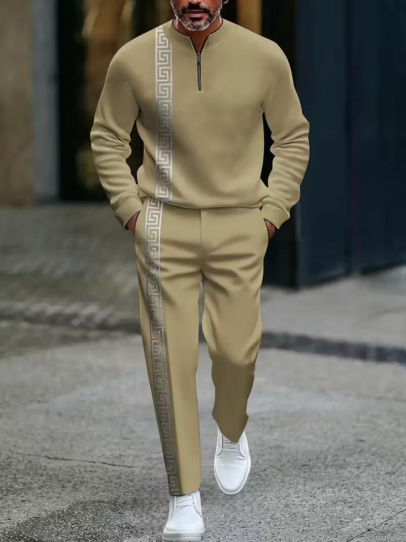 Men's European American-Style Sportswear Set Half-Zip Top & Matching Trousers Golden Greek Fretwork Design Comfortable Fabric for Daily Streetwear