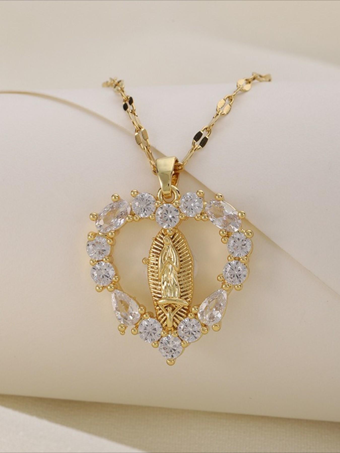 Elegant Virgin Mary Heart Shaped Zircon Pendant Necklace, Fashionable Simple Design for Women, Daily Prayer Versatile Personalized Jewelry, Sentimental Necklaces, Sparkling CZ Necklace, Zirconia Neck Chain