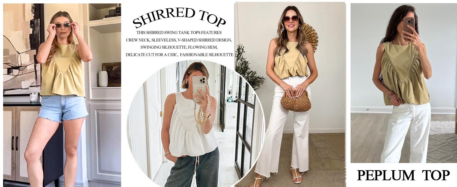 Womens Sleeveless Peplum Top Swing Tank Loose Fit Back Button Casual Blouse Ruffled Shirts Stretchy Lightweight