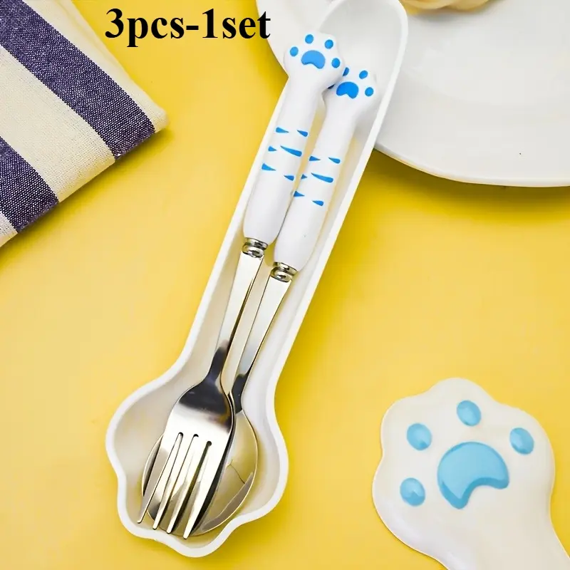 Cute Cat Paw 304 Stainless Steel Cutlery Set, Portable Spoon Fork Chopsticks 3Pcs, Tableware Sets