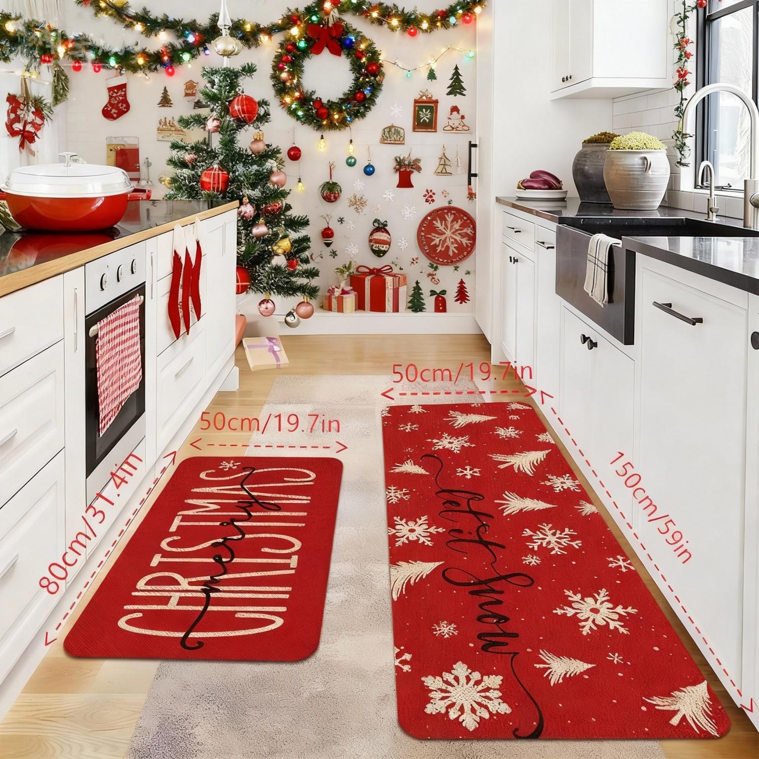 2 Counts Christmas Kitchen Rug Set, Santa Gingerbread Man Christmas Tree Dwarf Gnomes Pattern, Non-Slip Soft Low Height, Holiday Party Floor Mat Home Decor, Home Decor Rugs