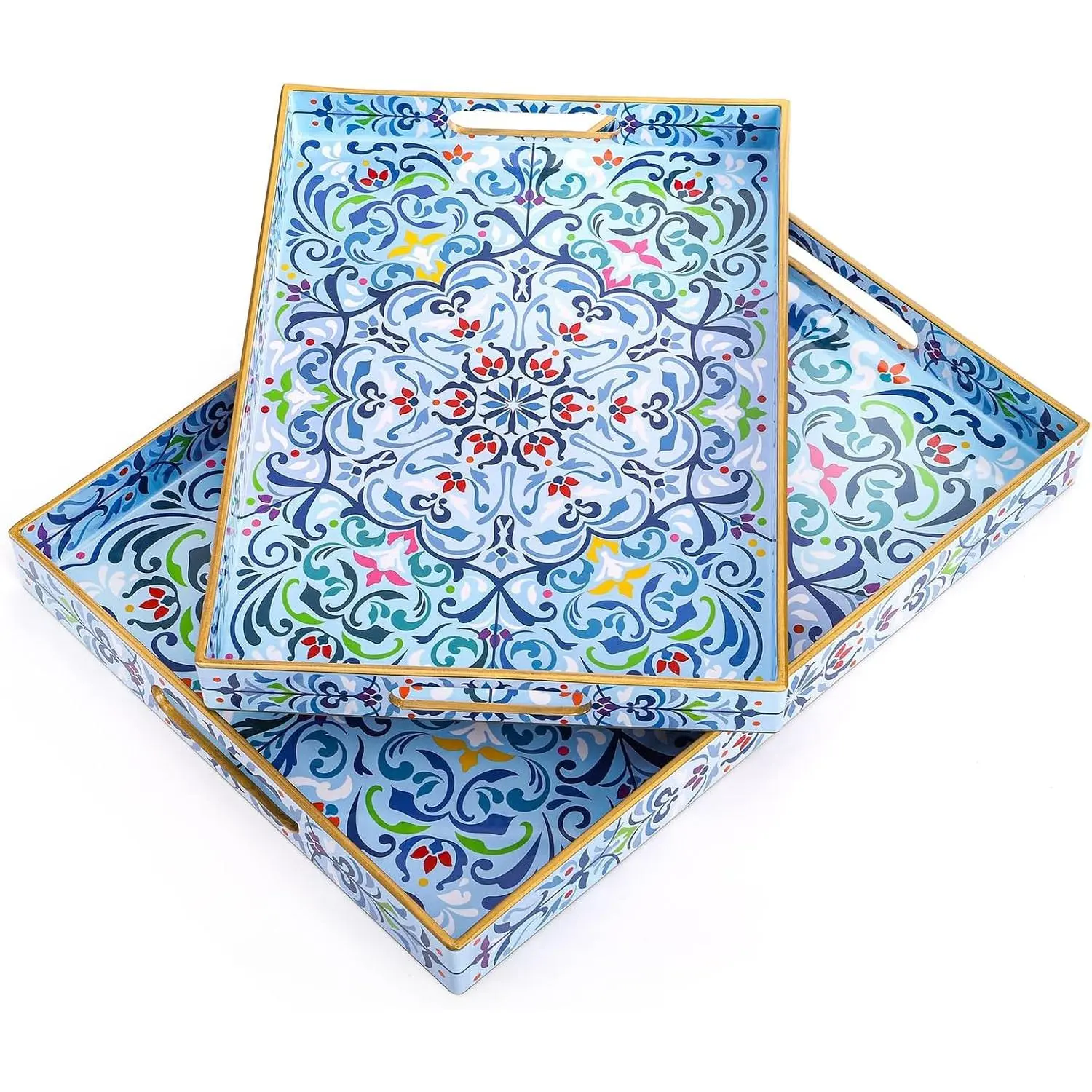 Bohemian Floral Serving Trays with Handles Added, Set of 2 Sturdy Thick 15.7x11.8" Decorative Plastic Rectangle Ottoman Trays, Large Coffee Table Server for Living Room, Kitchen