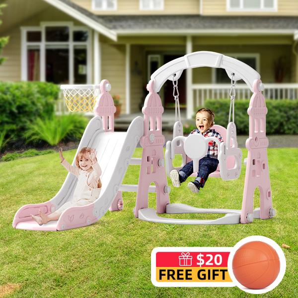 KORIMEFA 4-in-1 Kids Slide and Swing Set with Basketball Hoop Climbing Ladder Multifunctional Play Center for Active Fun Age 1+ Years Indoor Outdoor Playset Safe Durable HDPE Material - Playground Equipment Playroom Sport