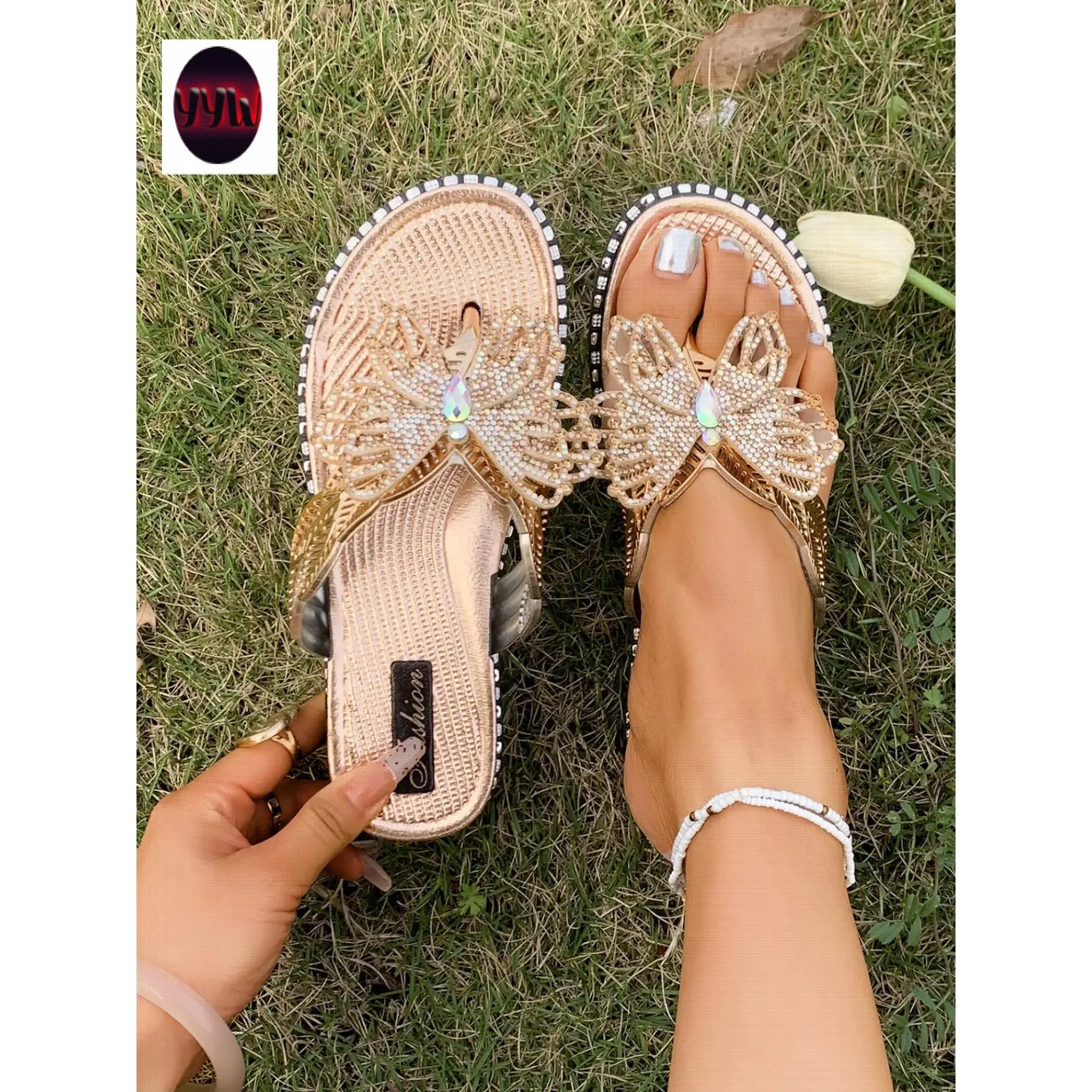 YYW1 Women's Casual Butterfly Rhinestone Bow Embellished Flipflop Shoes, Slip-On Design, Soft Sole, Multiple Colors Available, Stylish & Comfortable, Rhinestones,shoes for back to school,back to school shoes