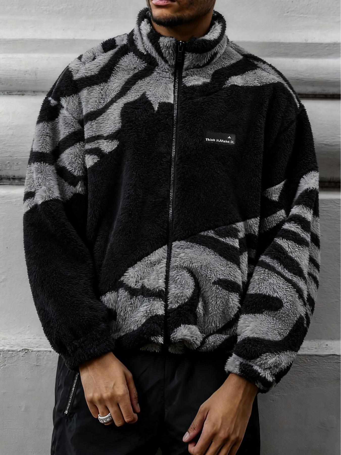 Abstract Pattern Fleece Zip - Up Jacket, Cozy Streetwear Outfit, Trendy TikTok Must - Have, Coats