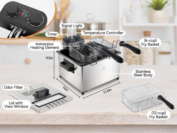 Kerilyn Large Deep Fryer with Basket, 3.2QT Stainless Steel Electric Oil Fryer,1700w Deep Fryer with Time & Temperature Control  Removable Basket, Lid with View Window,Perfectfor Kitchen,Fry Fish,Professional Style fryer