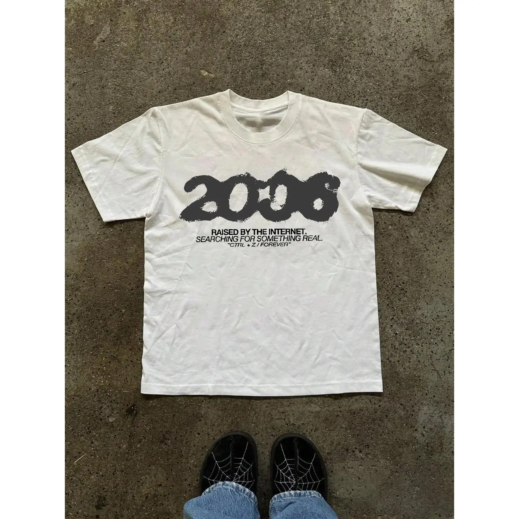 Digital Slogan Print American Vintage Short Sleeve T-Shirt, Casual Loose-Fitting Long T-Shirt, Graphic H-Type Design