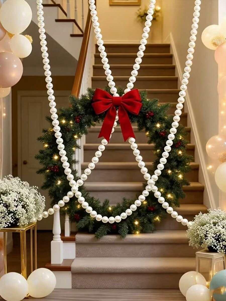 30pcs Giant Pearl String Pendant Decor, White Round Faux Pearl Backdrop Wall Hanging, Wedding Ceremony Decoration, DIY Pearl Garland, Pearl Wreath Stair Decor, White Faux Pearl Christmas Tree Wreath, Party Decoration