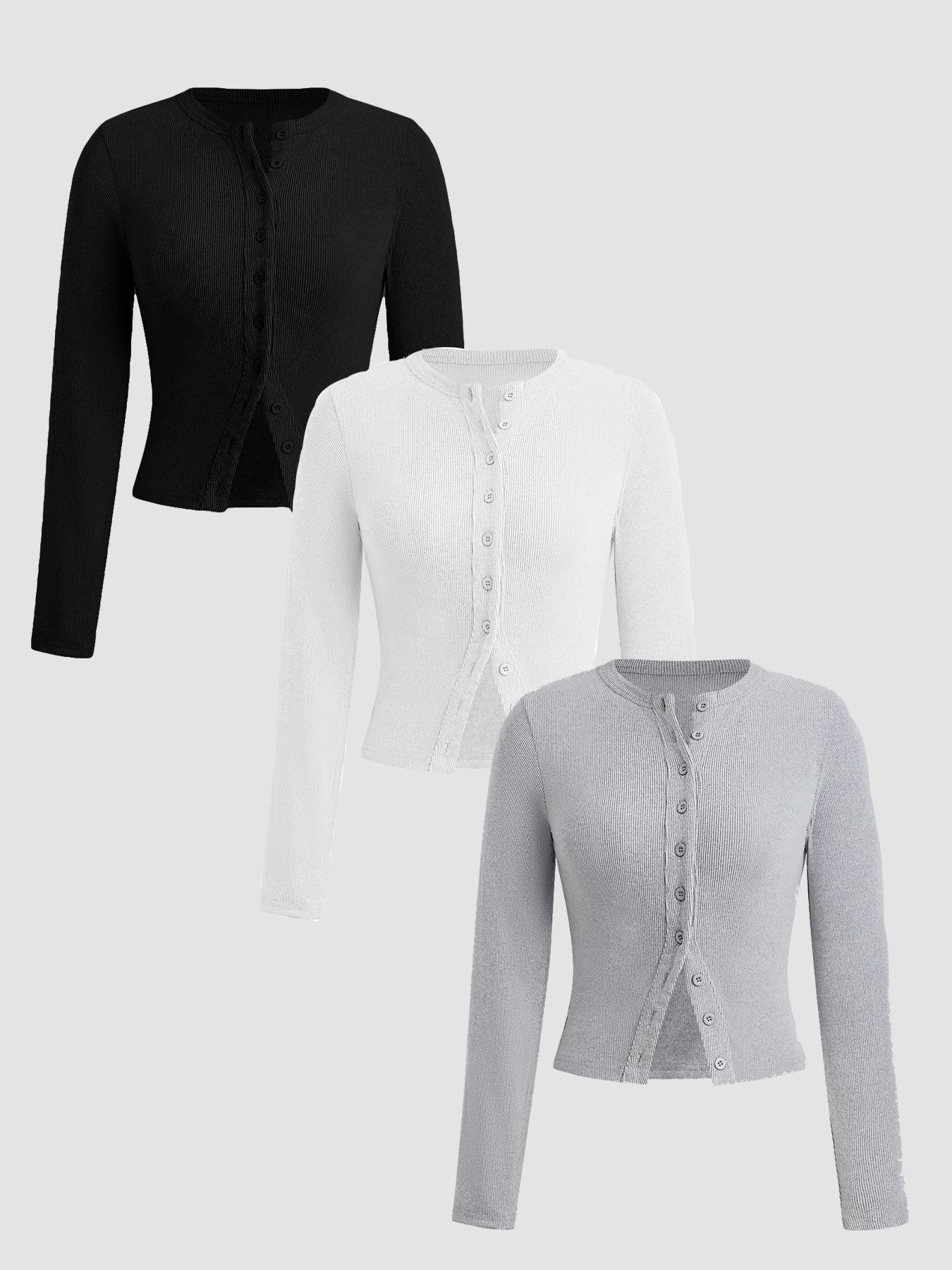 Women's Solid Button Front Ribbed Tee, Casual Long Sleeve Round Neck T-shirt Button Down Front for Spring & Fall, Ladies Clothes for Daily Wear